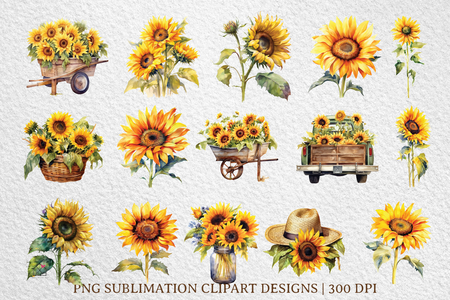 Watercolor Sunflower Sublimation Bundle Clipart Designs PNG - Craft House SVG