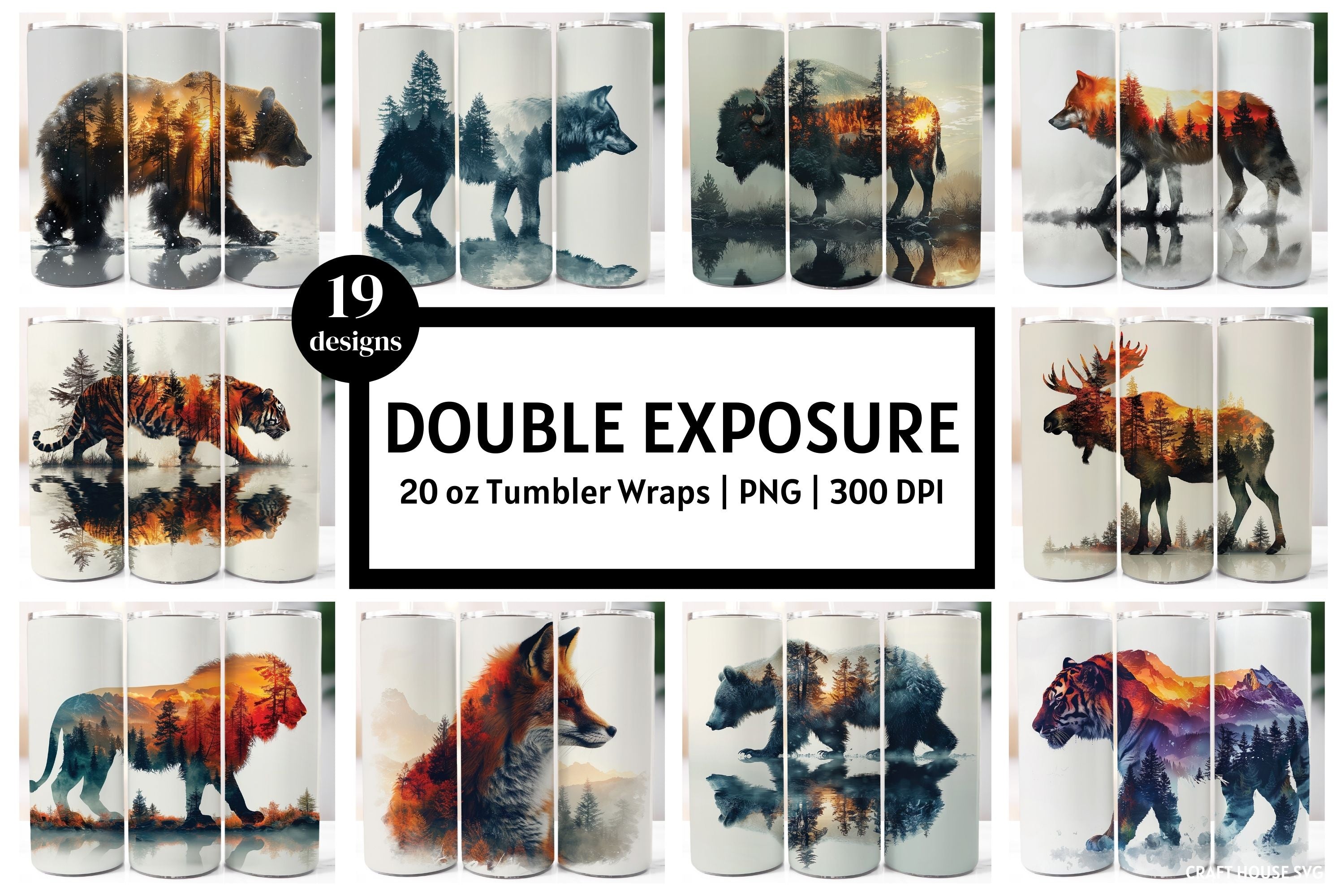 Double Exposure Animal Tumbler Sublimation Bundle PNG 20 oz