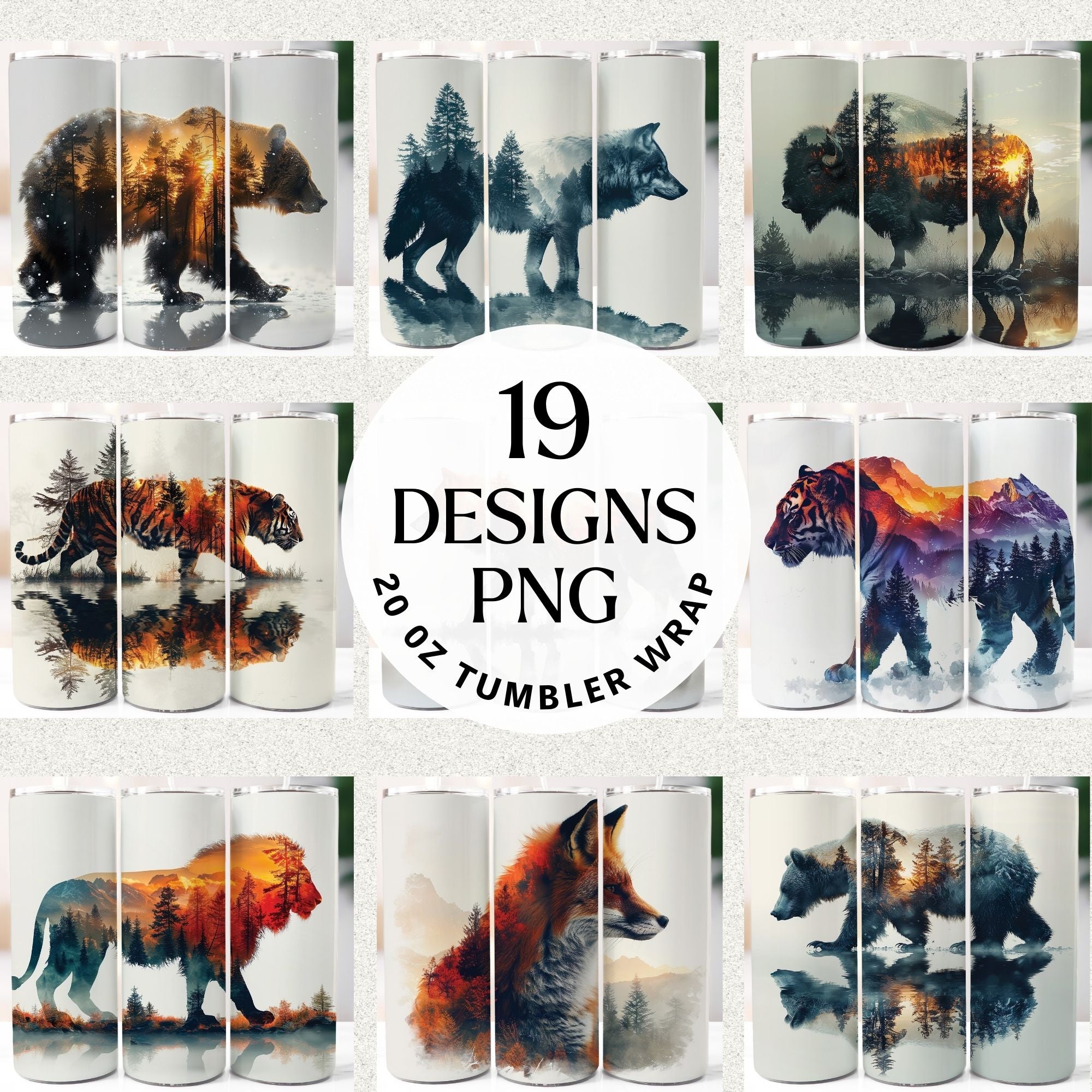 Double Exposure Animal Tumbler Sublimation Bundle PNG 20 oz - Craft House SVG