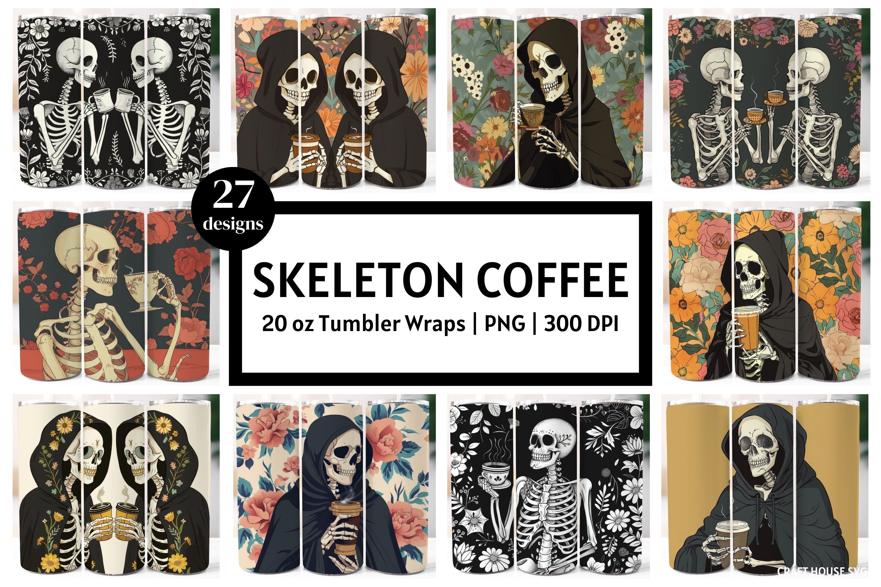 Skeleton Coffee Tumbler Sublimation Bundle PNG 20 oz