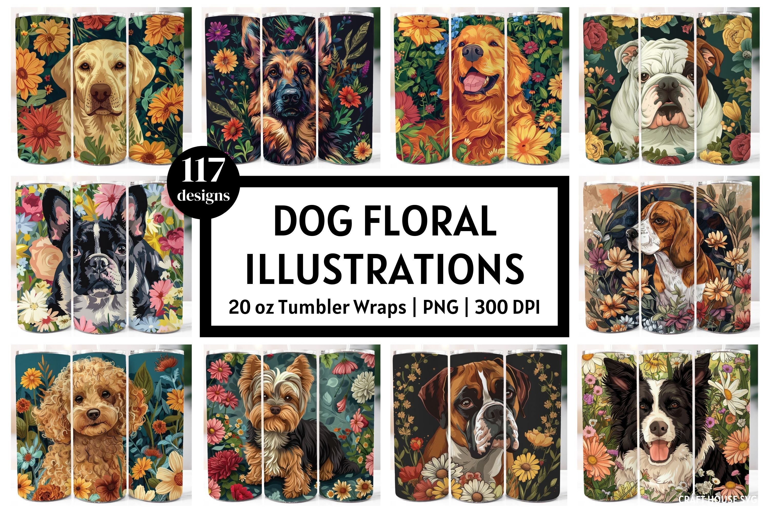 Dog Illustration Tumbler Sublimation Bundle PNG 20 oz