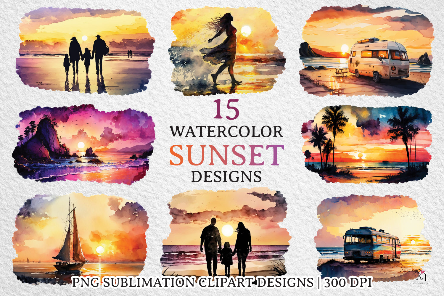 Watercolor Sunset Sky Sublimation Bundle Clipart Designs PNG