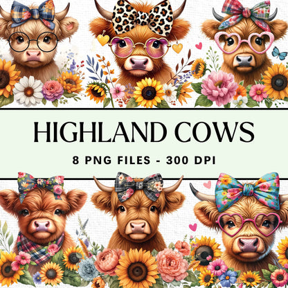 Floral Highland Cow Sublimation Bundle Clipart PNG