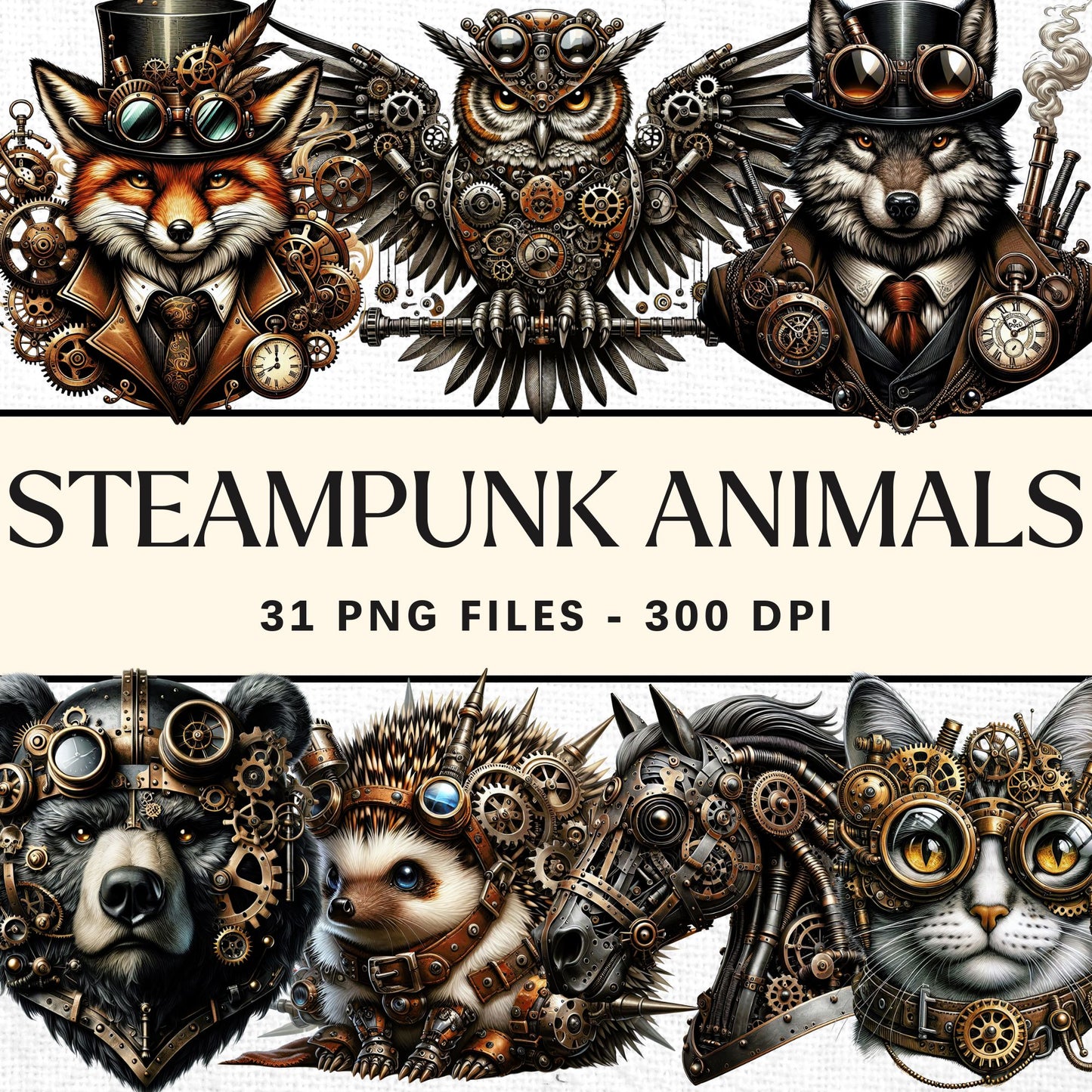 Steampunk Animals Clipart Sublimation Bundle