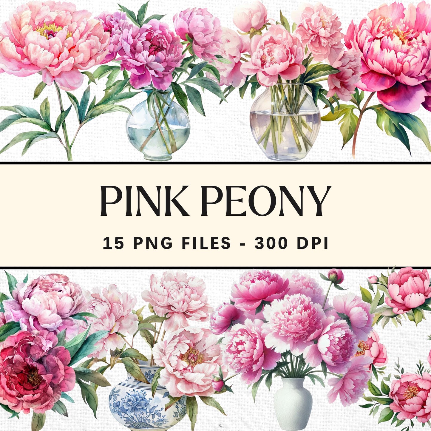 Pink Peony Clipart Sublimation Bundle