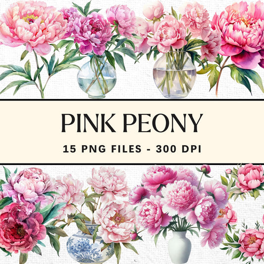Pink Peony Clipart Sublimation Bundle