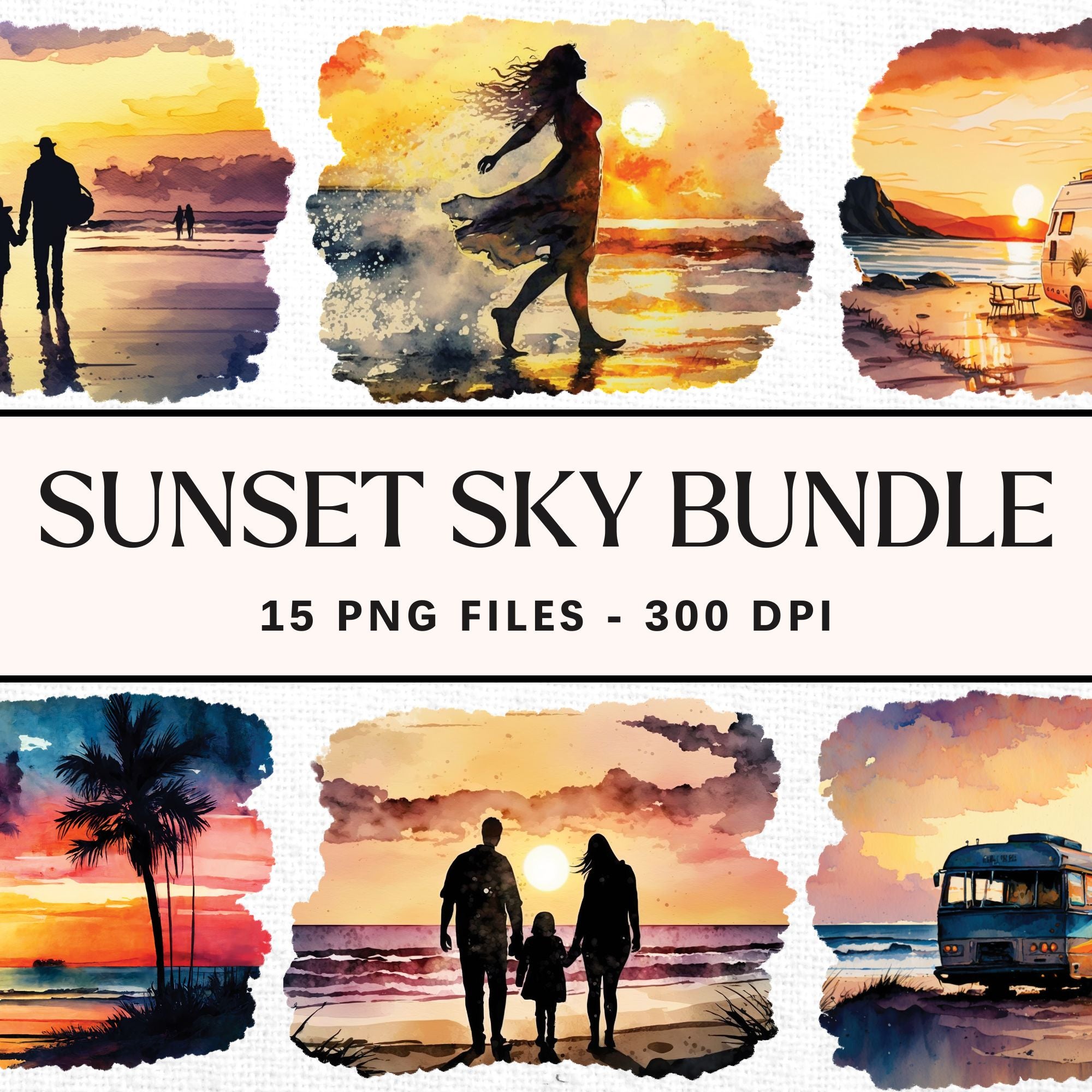 Watercolor Sunset Sky Sublimation Bundle Clipart Designs PNG