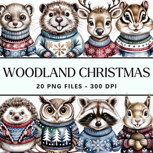 Woodland Animals Christmas Sweater Clipart Bundle