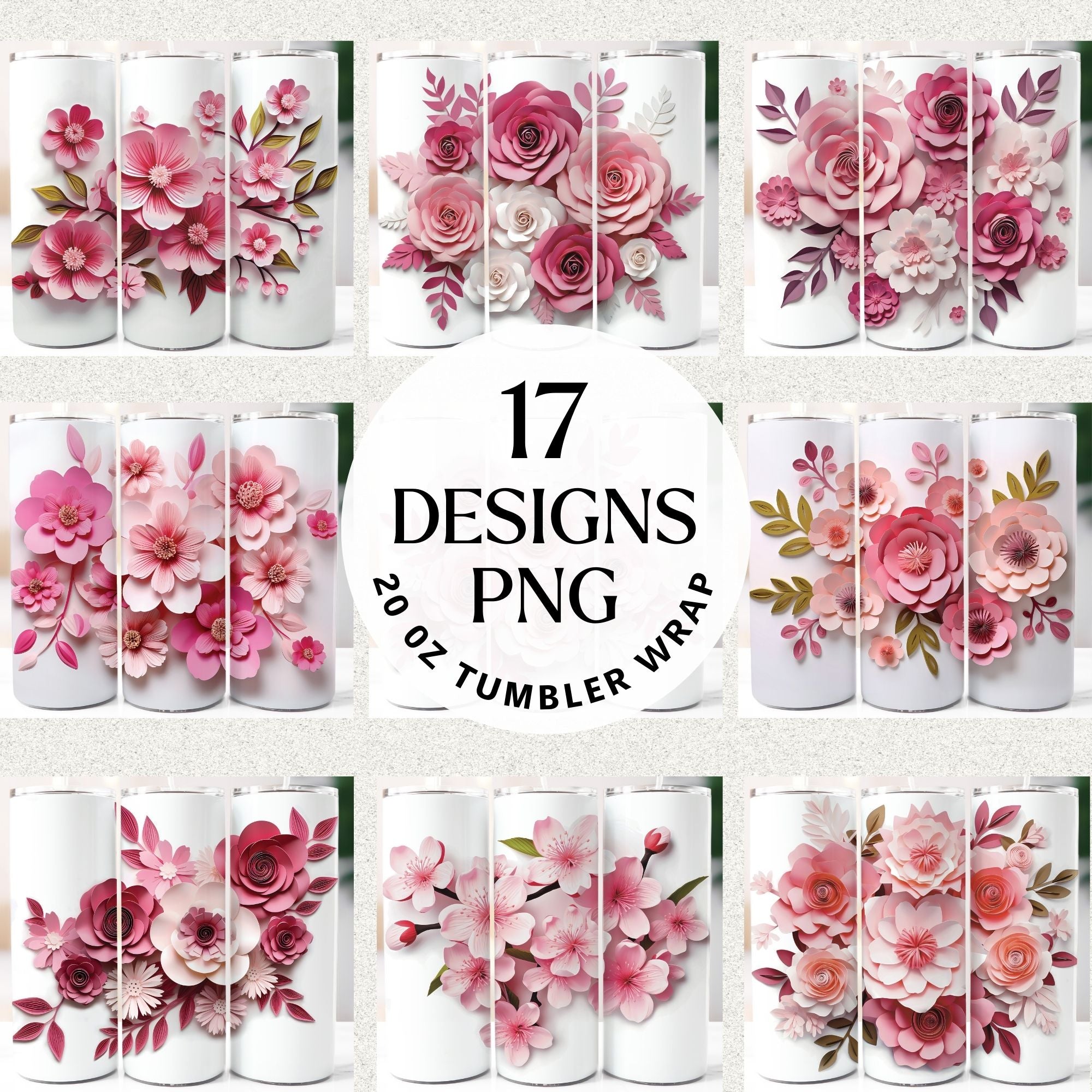 3D Pink Flowers Tumbler Wrap Bundle Sublimation Designs JPG