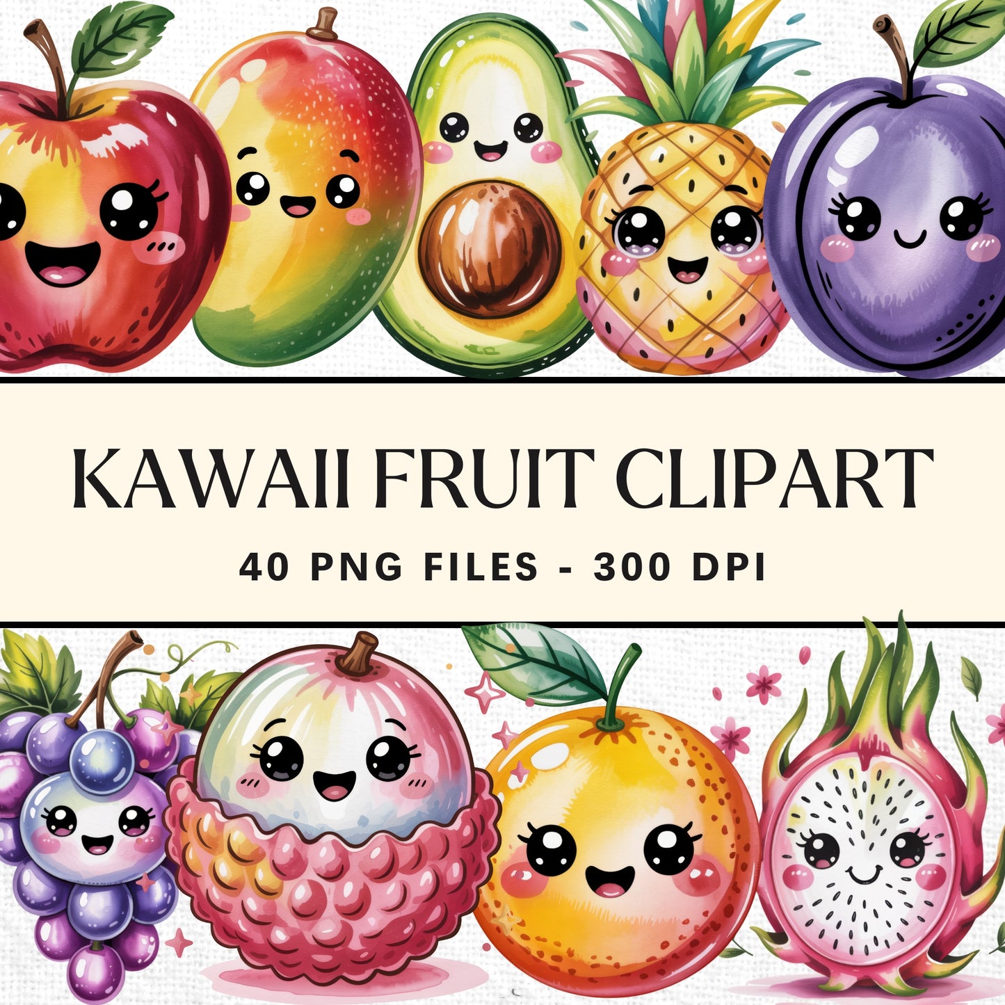Kawaii Fruit Clipart Sublimation PNG Bundle
