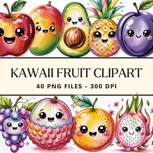 Kawaii Fruit Clipart Sublimation PNG Bundle