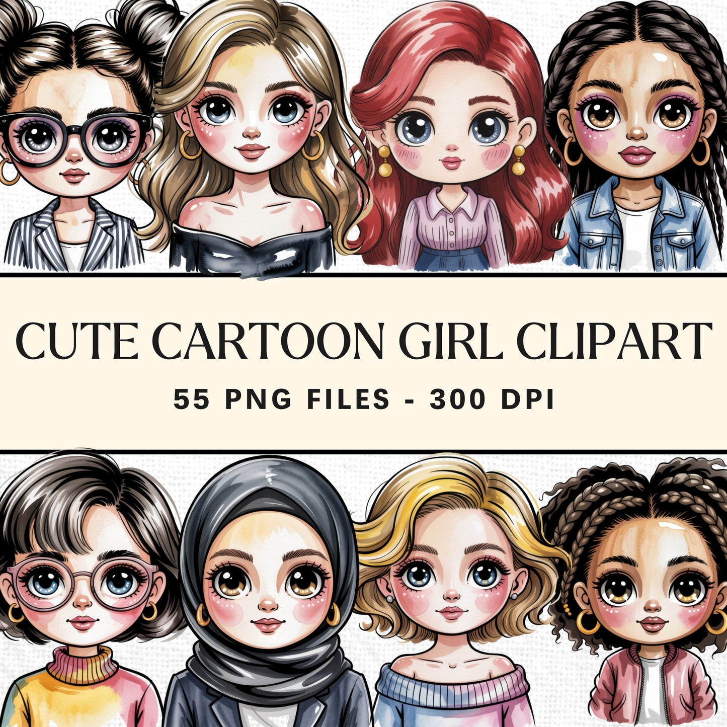 Cute Cartoon Girl Clipart Sublimation Bundle PNG