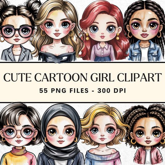 Cute Cartoon Girl Clipart Sublimation Bundle PNG