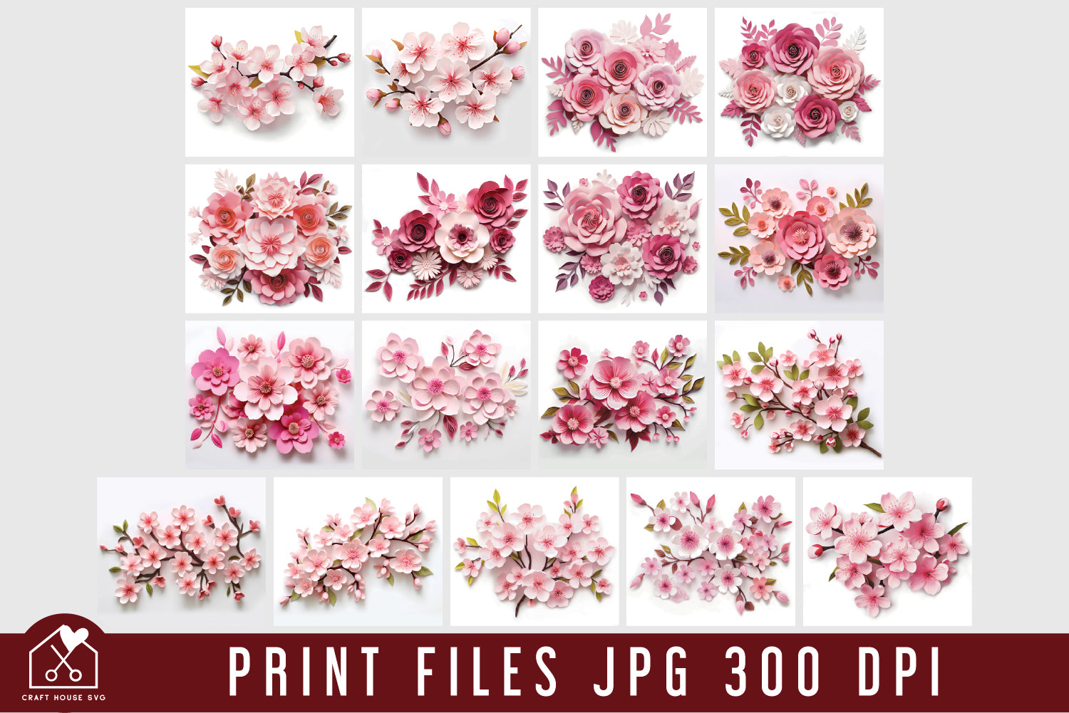 3D Pink Flowers Tumbler Wrap Bundle Sublimation Designs JPG