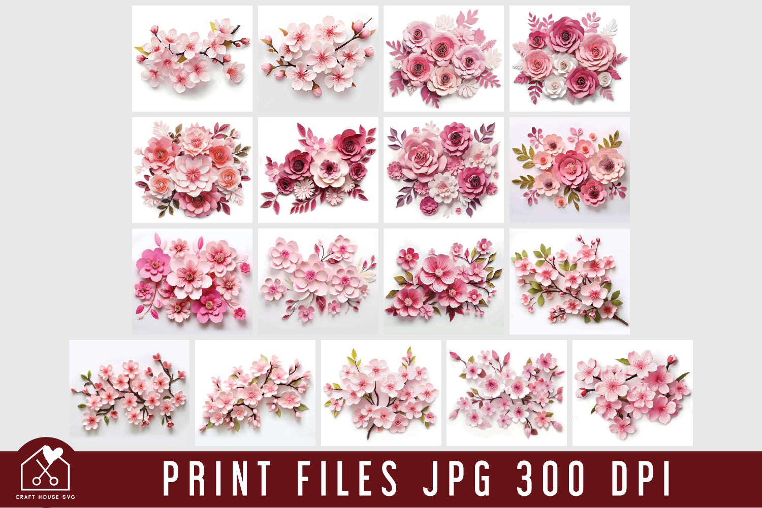 3D Pink Flowers Tumbler Wrap Bundle Sublimation Designs JPG - Craft House SVG