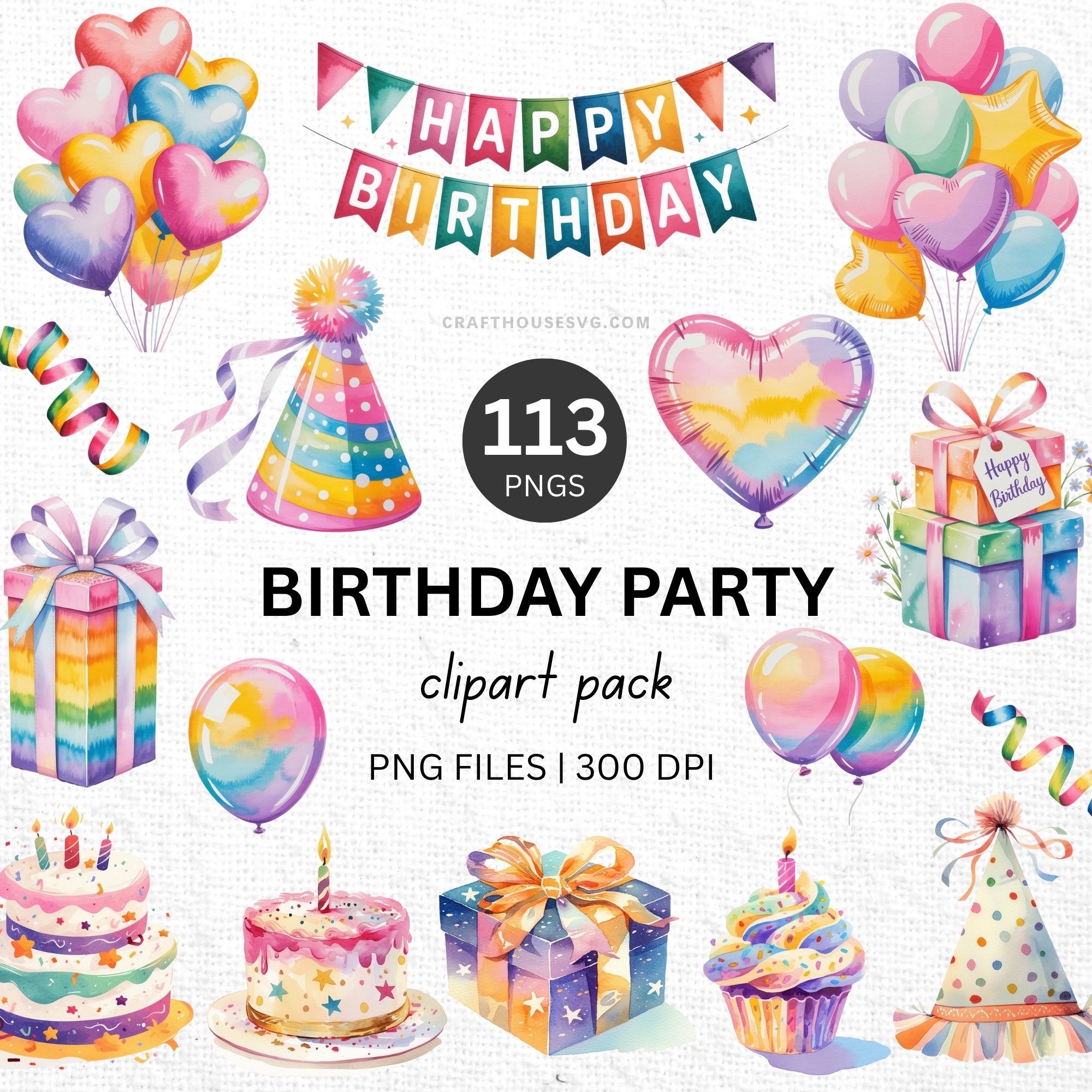 Birthday Party Clipart Sublimation Bundle PNG