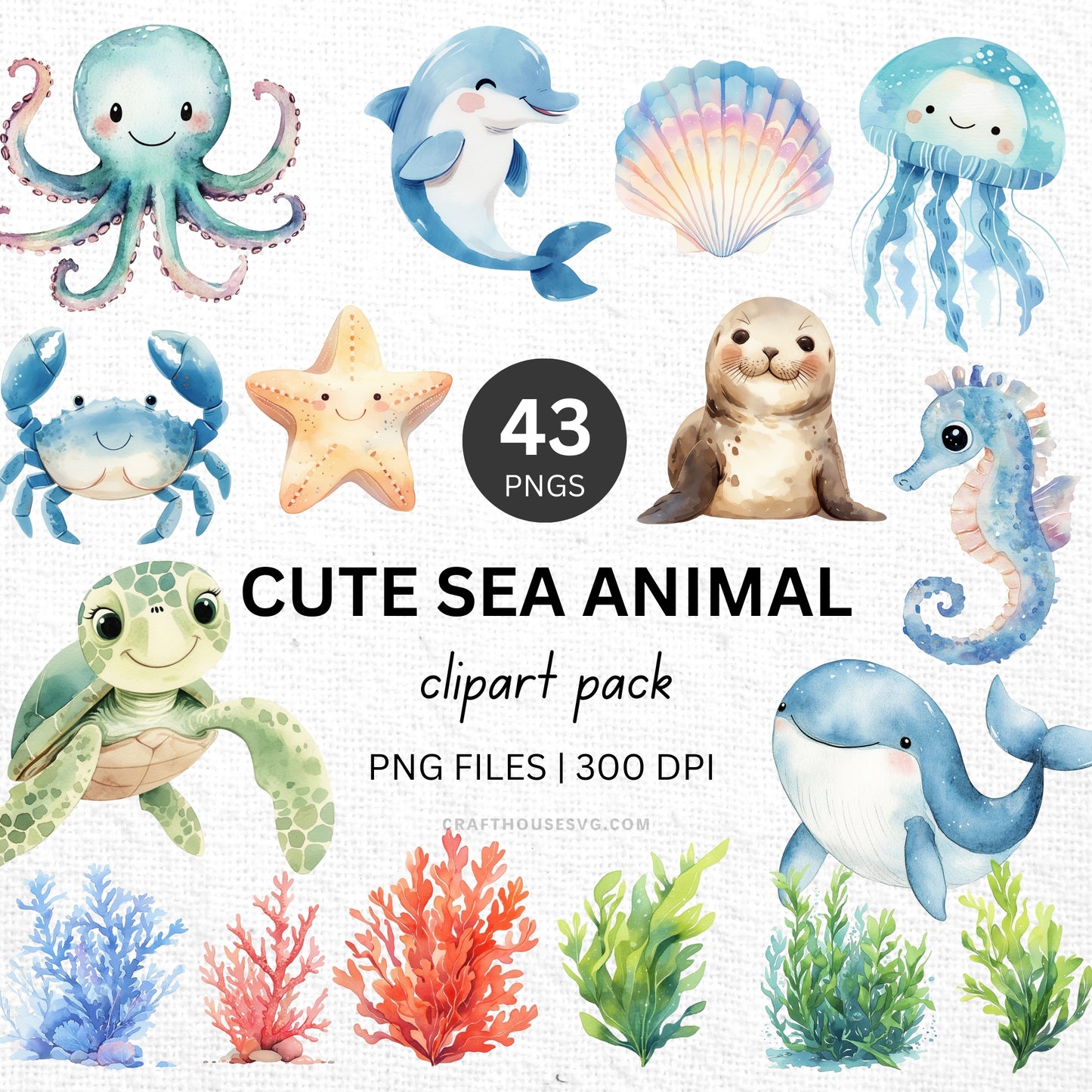 Cute Sea Animals Clipart Sublimation Bundle