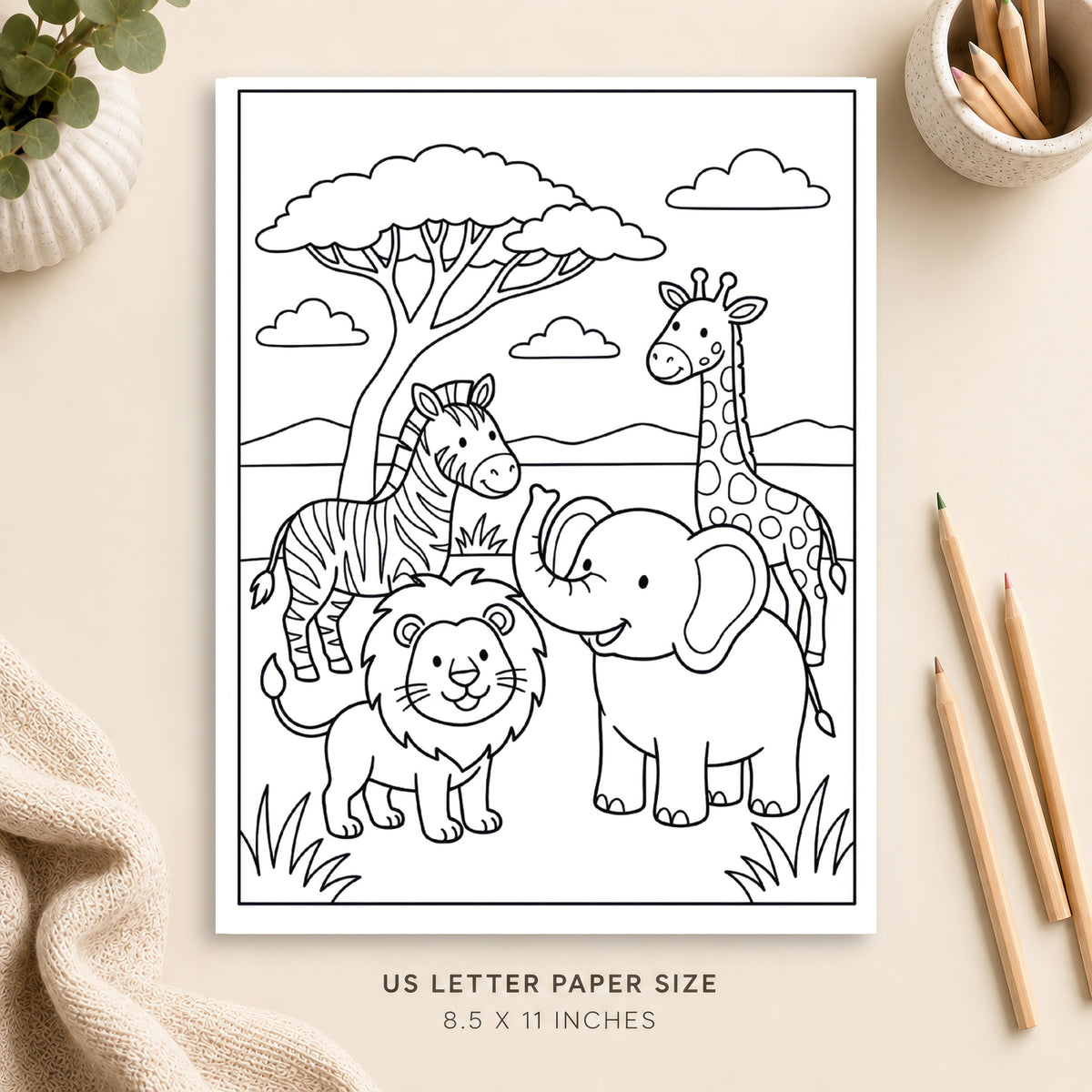 Safari Animals Coloring Page 1