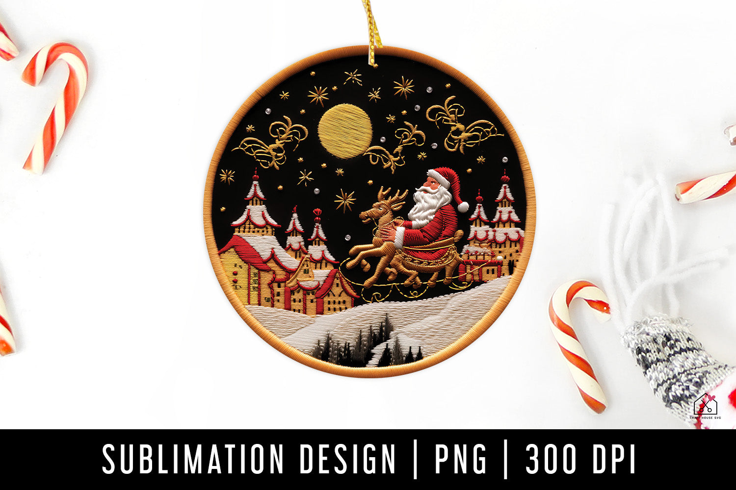 Santa Sleigh Christmas 3D Ornament Sublimation Design PNG