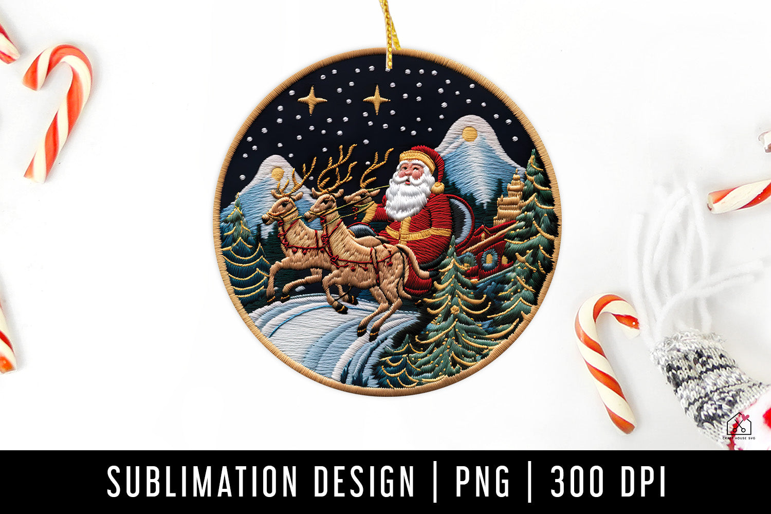 Santa Sleigh Christmas 3D Ornament Sublimation Design PNG