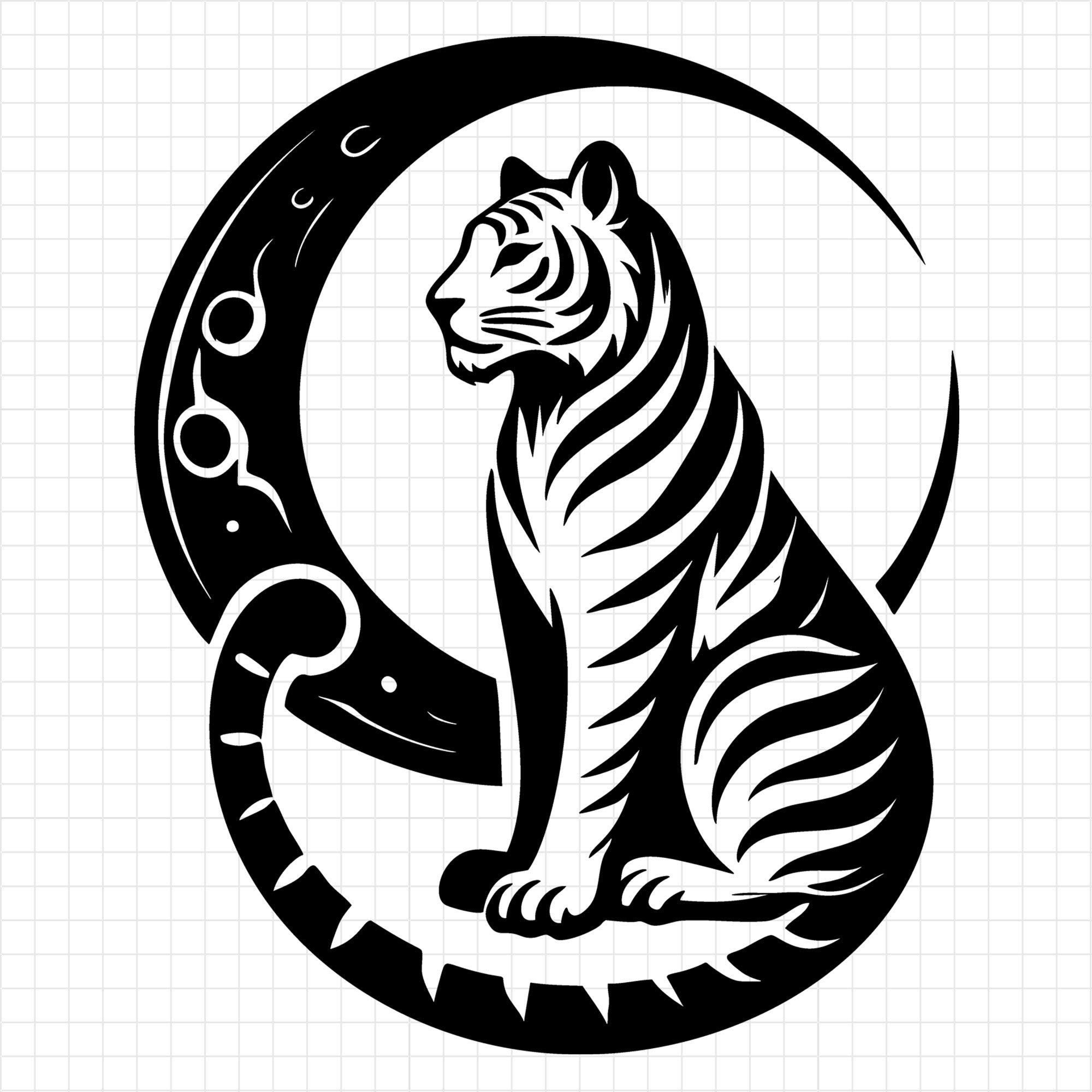 Serene Tiger and Crescent Moon Silhouette SVG