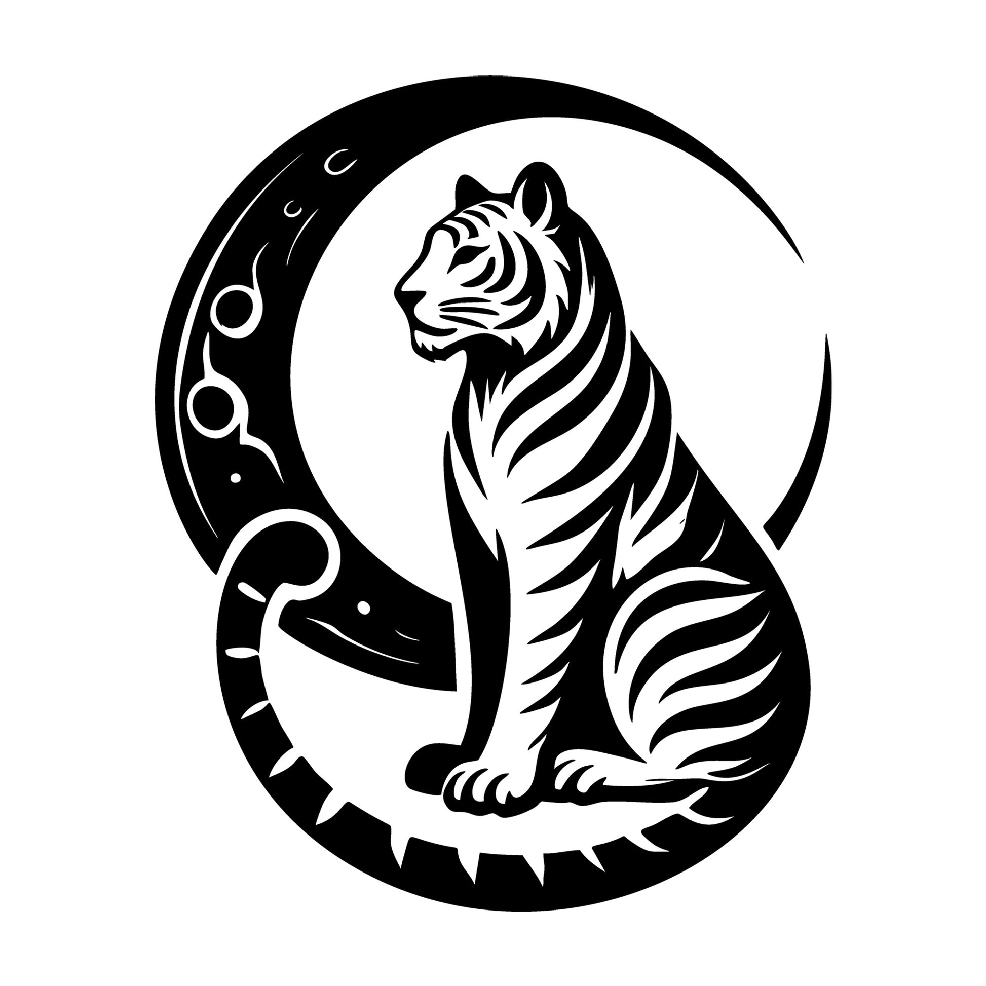 Serene Tiger and Crescent Moon Silhouette SVG design for Cricut, Silhouette, laser cutting, vinyl, sublimation, and craft projects.