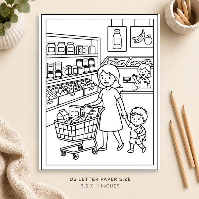 Shopping Day Coloring Page 1