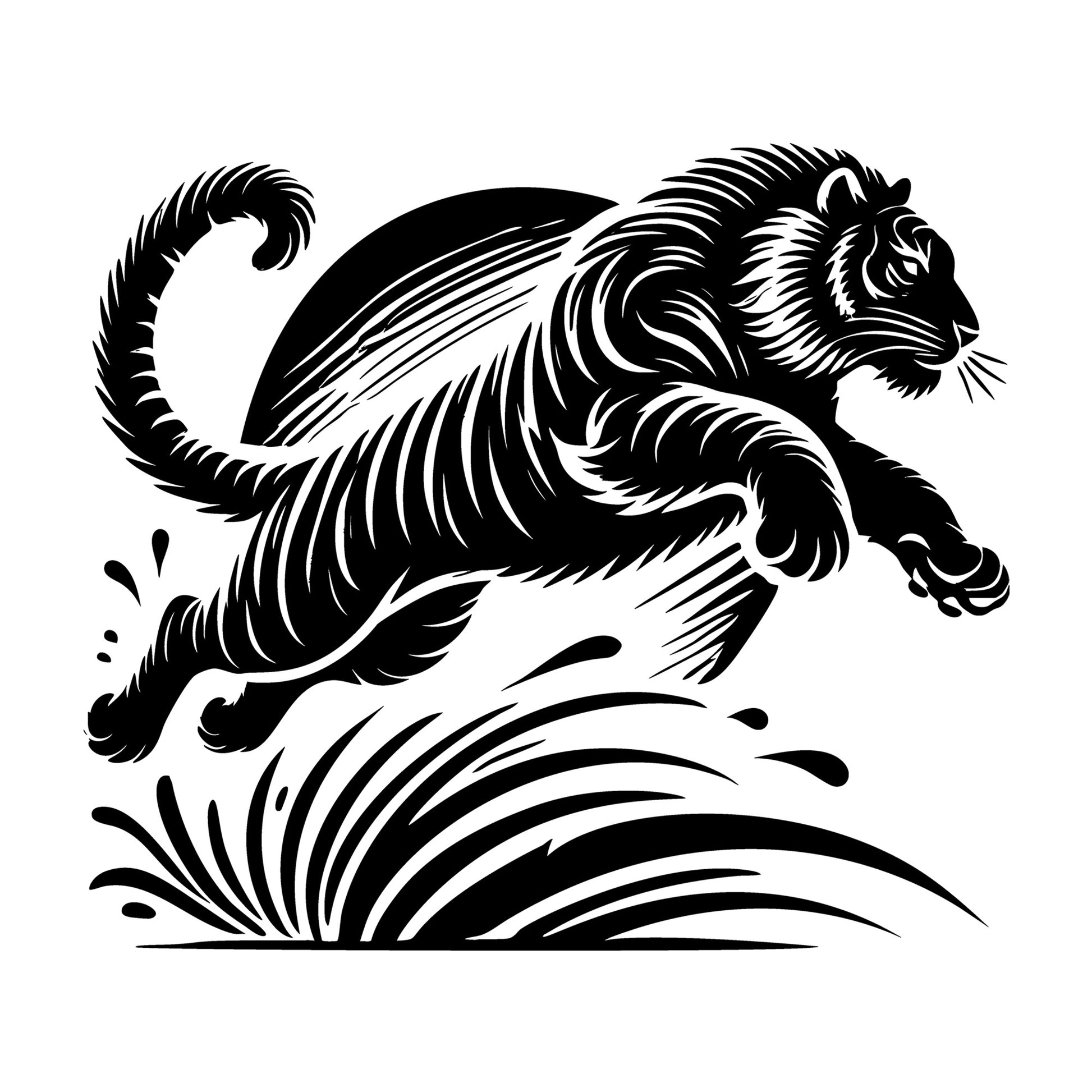 Silhouette of a Tiger Leaping Against the Moon SVG design for Cricut, Silhouette, laser cutting, vinyl, sublimation, and craft projects.