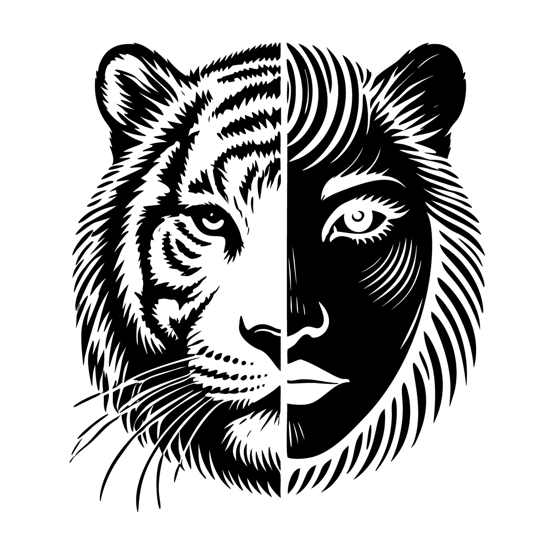 Silhouette of a Tiger and a Woman Merging Together SVG design for Cricut, Silhouette, laser cutting, vinyl, sublimation, and craft projects.