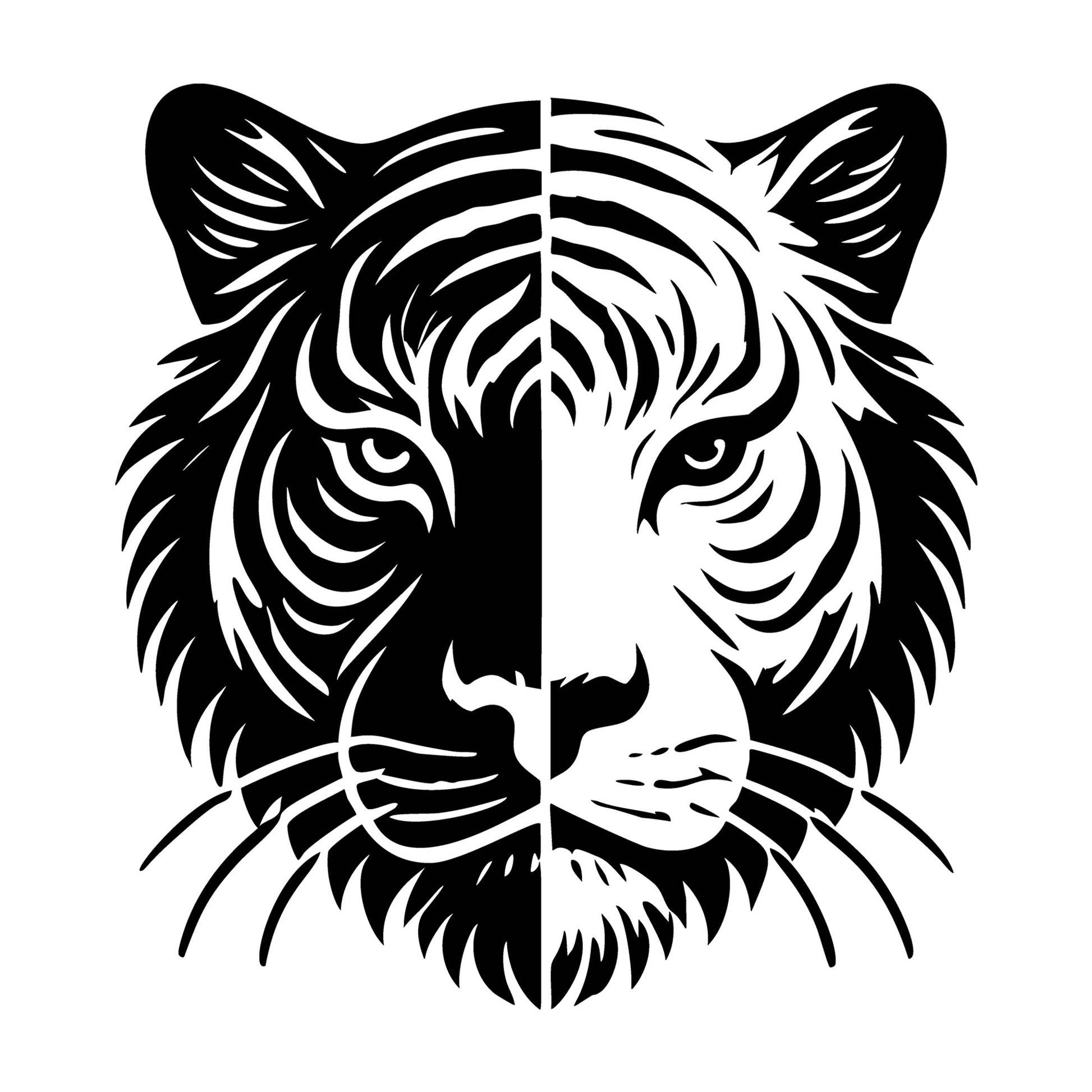 Silhouette of a Tigers Face Split in Two SVG design for Cricut, Silhouette, laser cutting, vinyl, sublimation, and craft projects.
