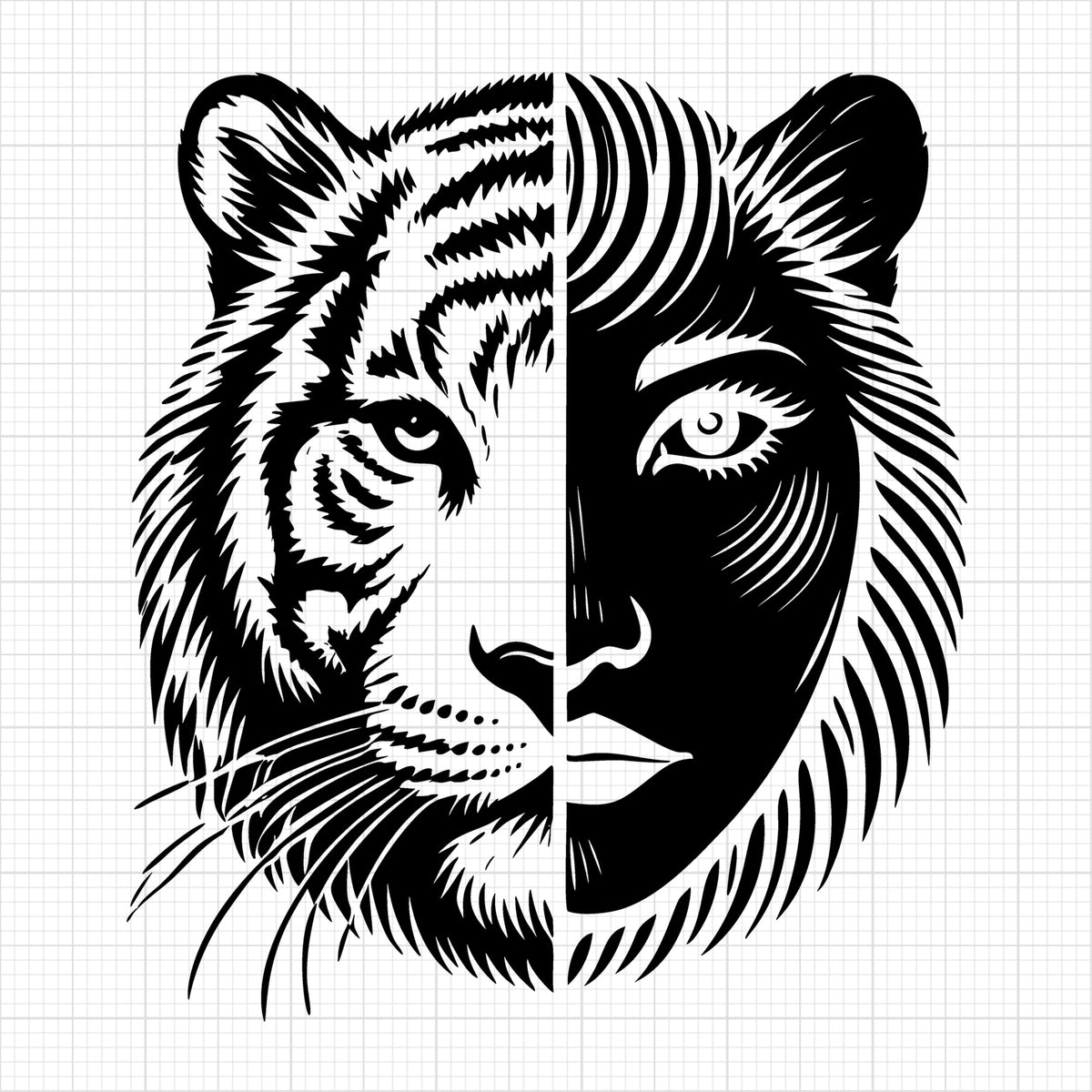 Silhouette of a Tiger and a Woman Merging Together