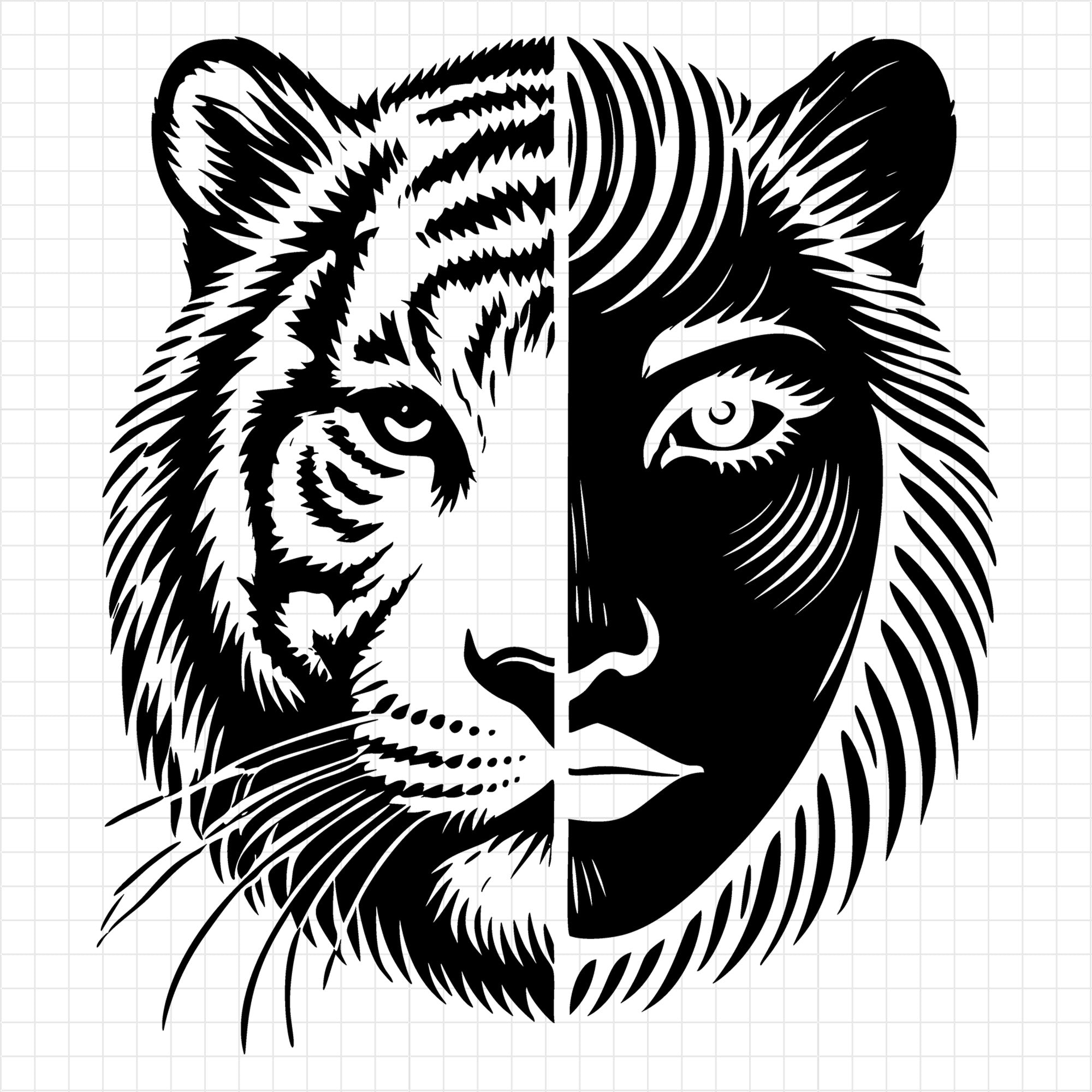 Silhouette of a Tiger and a Woman Merging Together SVG