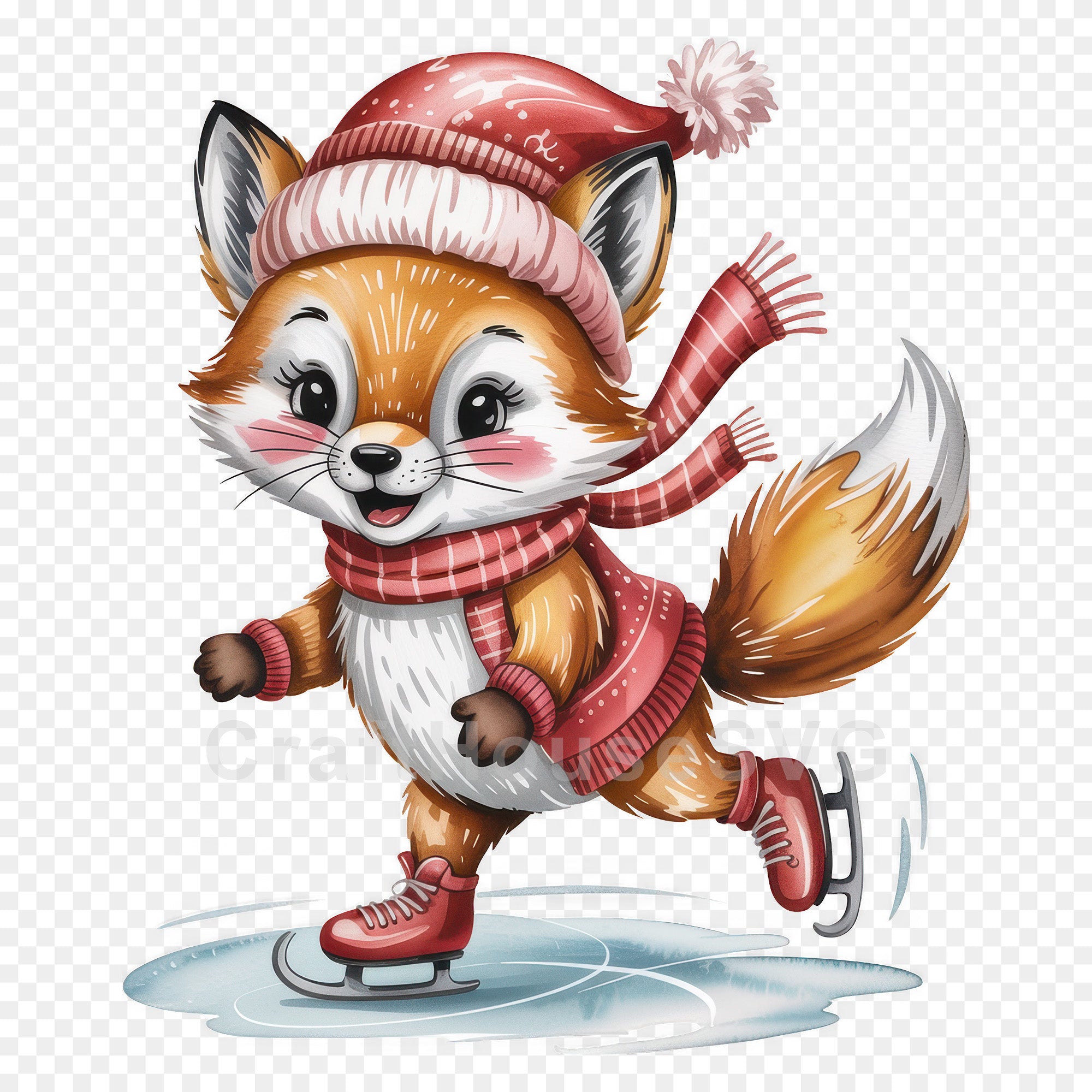 Skating Christmas Fox PNG Clip Art Sublimation