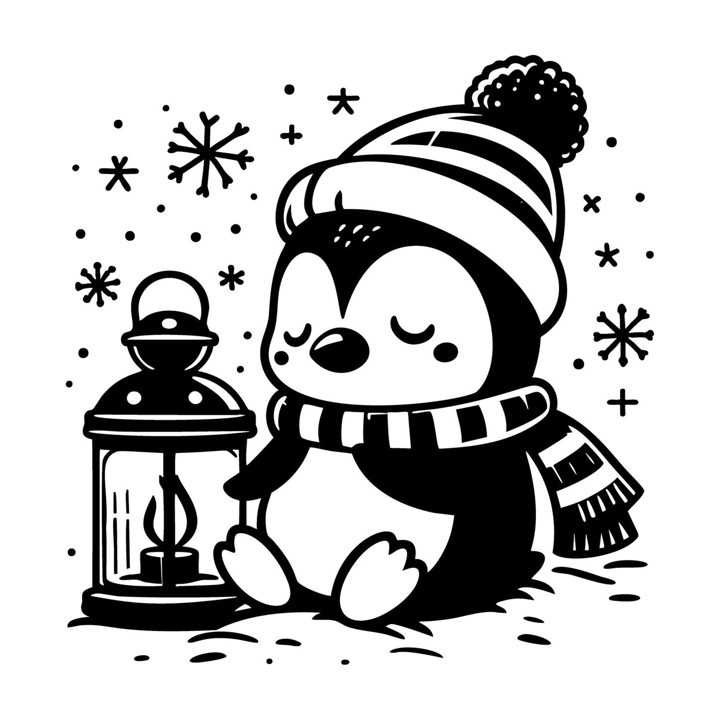 Sleepy Penguin by Lantern in Winter Hat and Scarf SVG design for Cricut, Silhouette, laser cutting, vinyl, sublimation, and craft projects.