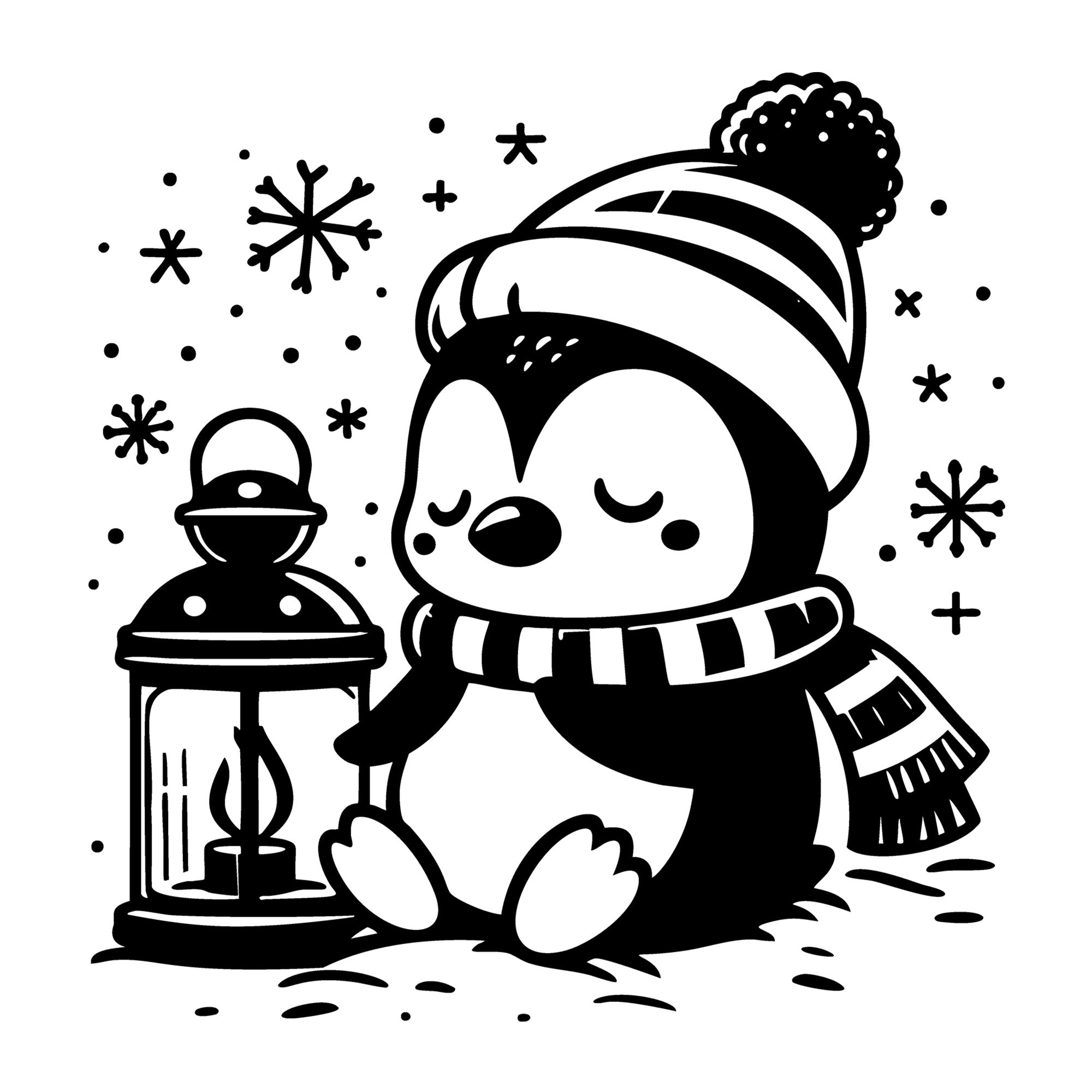 Sleepy Penguin by Lantern in Winter Hat and Scarf SVG design for Cricut, Silhouette, laser cutting, vinyl, sublimation, and craft projects.