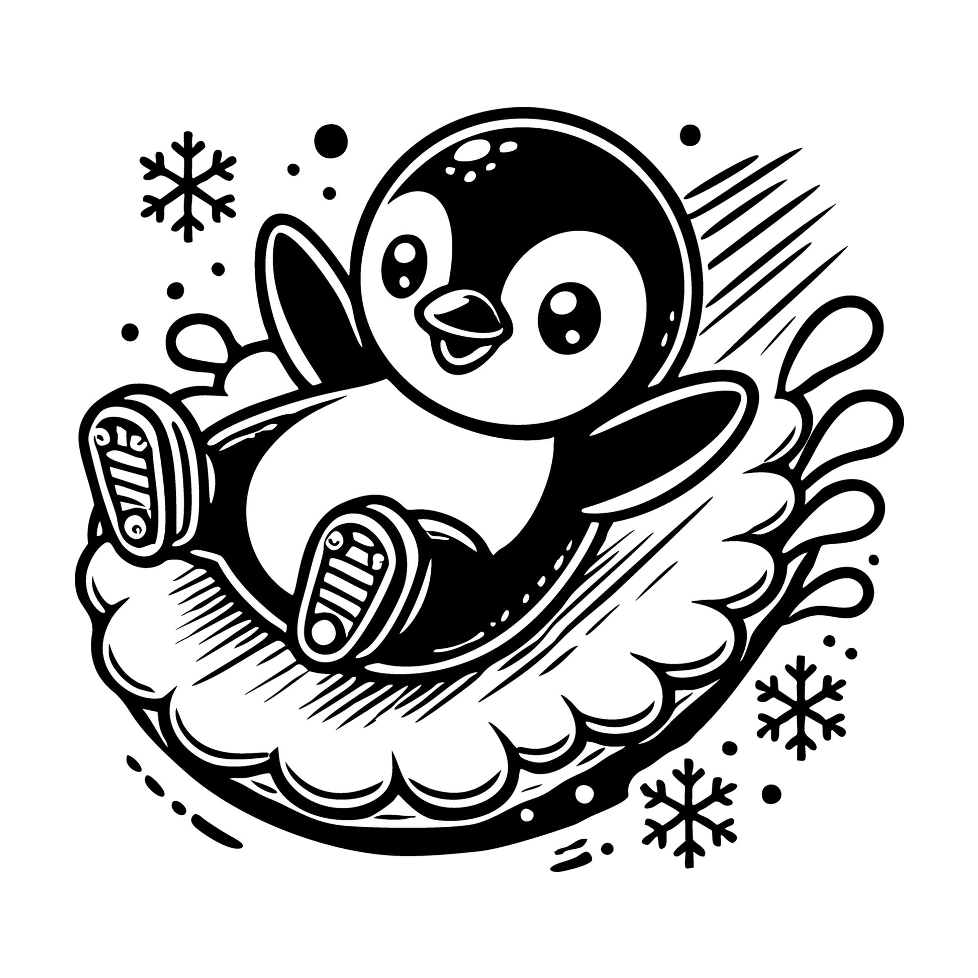Sliding Penguin in Playful Winter Scene SVG design for Cricut, Silhouette, laser cutting, vinyl, sublimation, and craft projects.