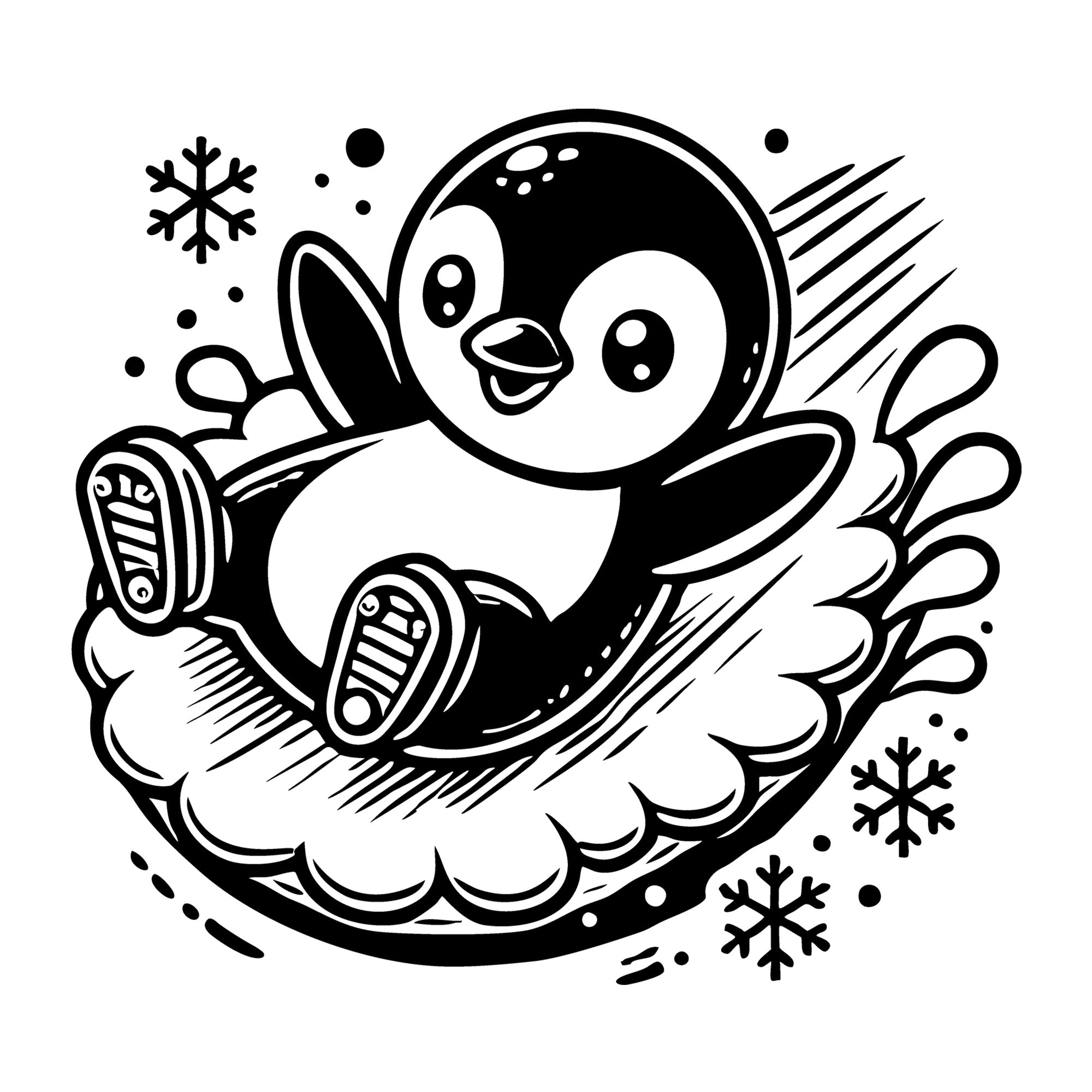 Sliding Penguin in Playful Winter Scene SVG design for Cricut, Silhouette, laser cutting, vinyl, sublimation, and craft projects.