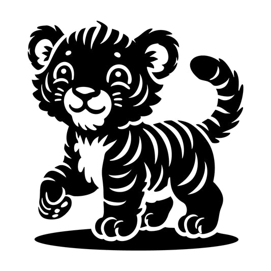 Smiling Playful Tiger Cub Silhouette SVG design for Cricut, Silhouette, laser cutting, vinyl, sublimation, and craft projects.