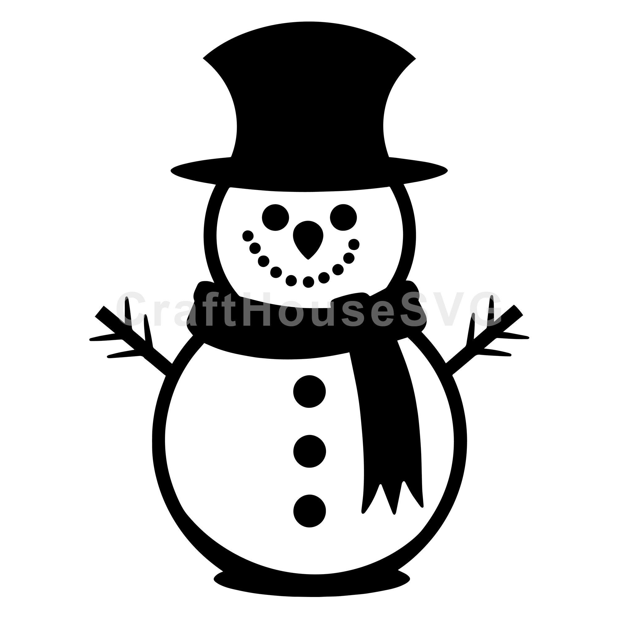 Snowman with Top Hat and Scarf Silhouette | Winter SVG