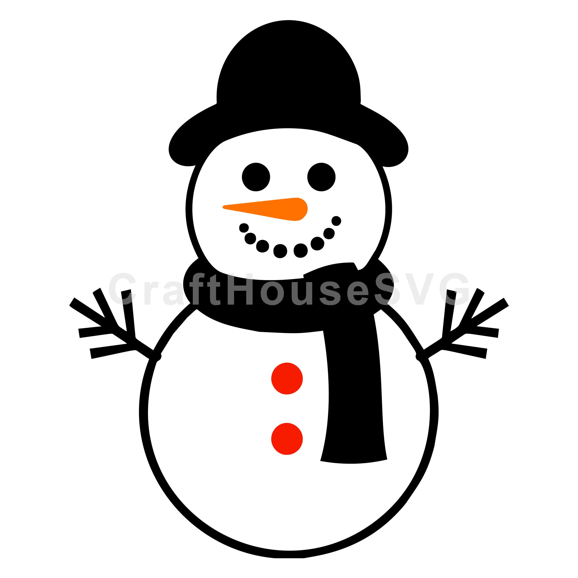 Smiling Snowman with Carrot Nose and Red Buttons | Winter SVG