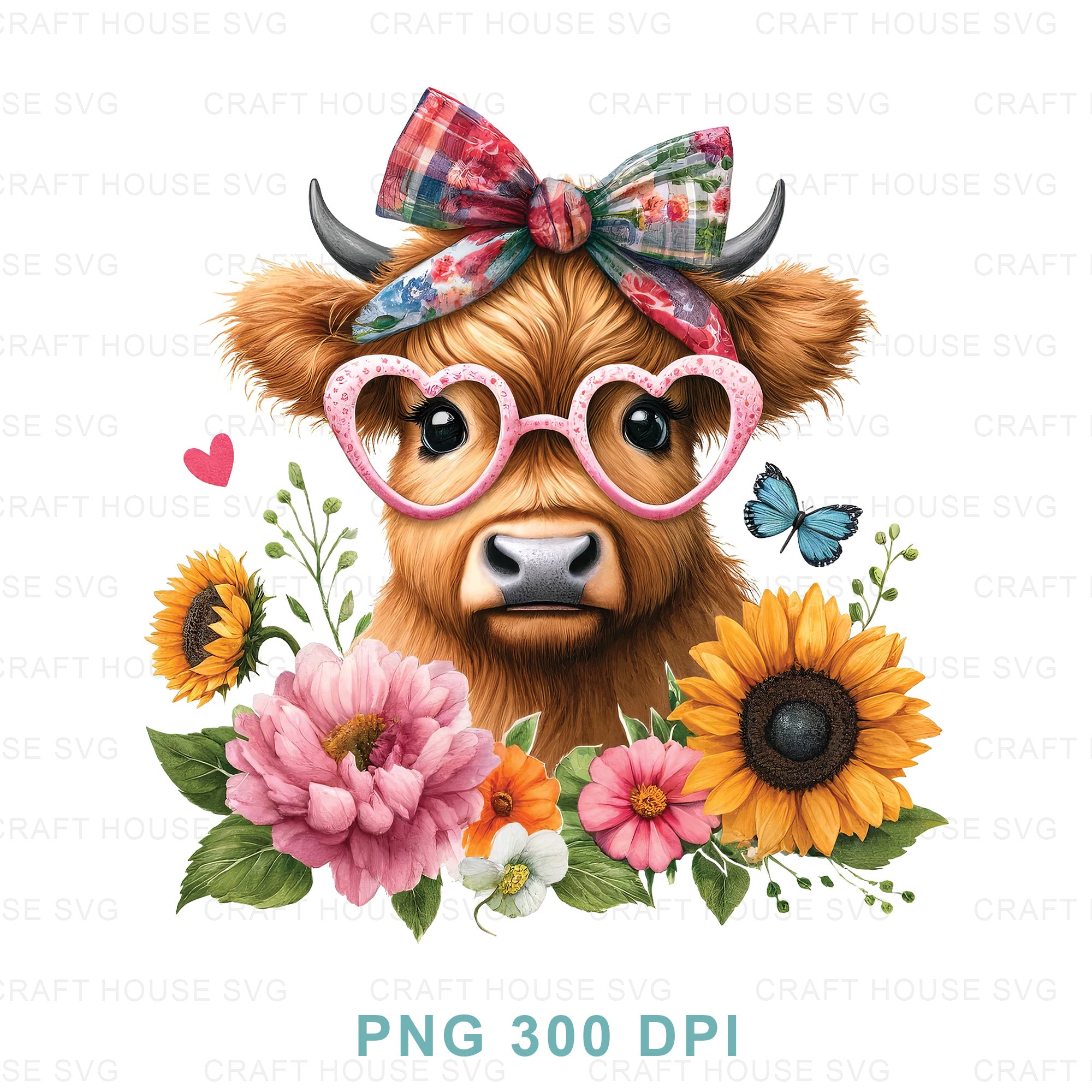 Floral Highland Cow Glasses PNG