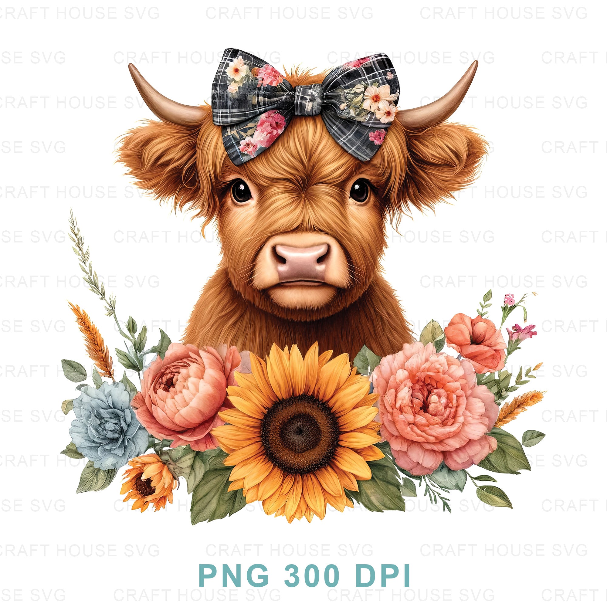 Floral Highland Cow Bow PNG