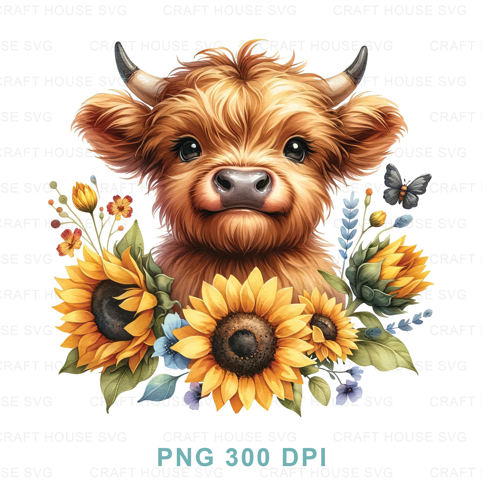 Cute Highland Cow Sunflowers PNG