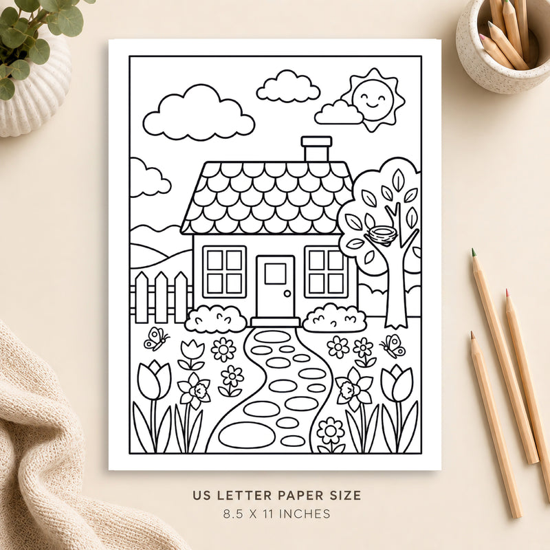 Spring Cottage Coloring Page 1
