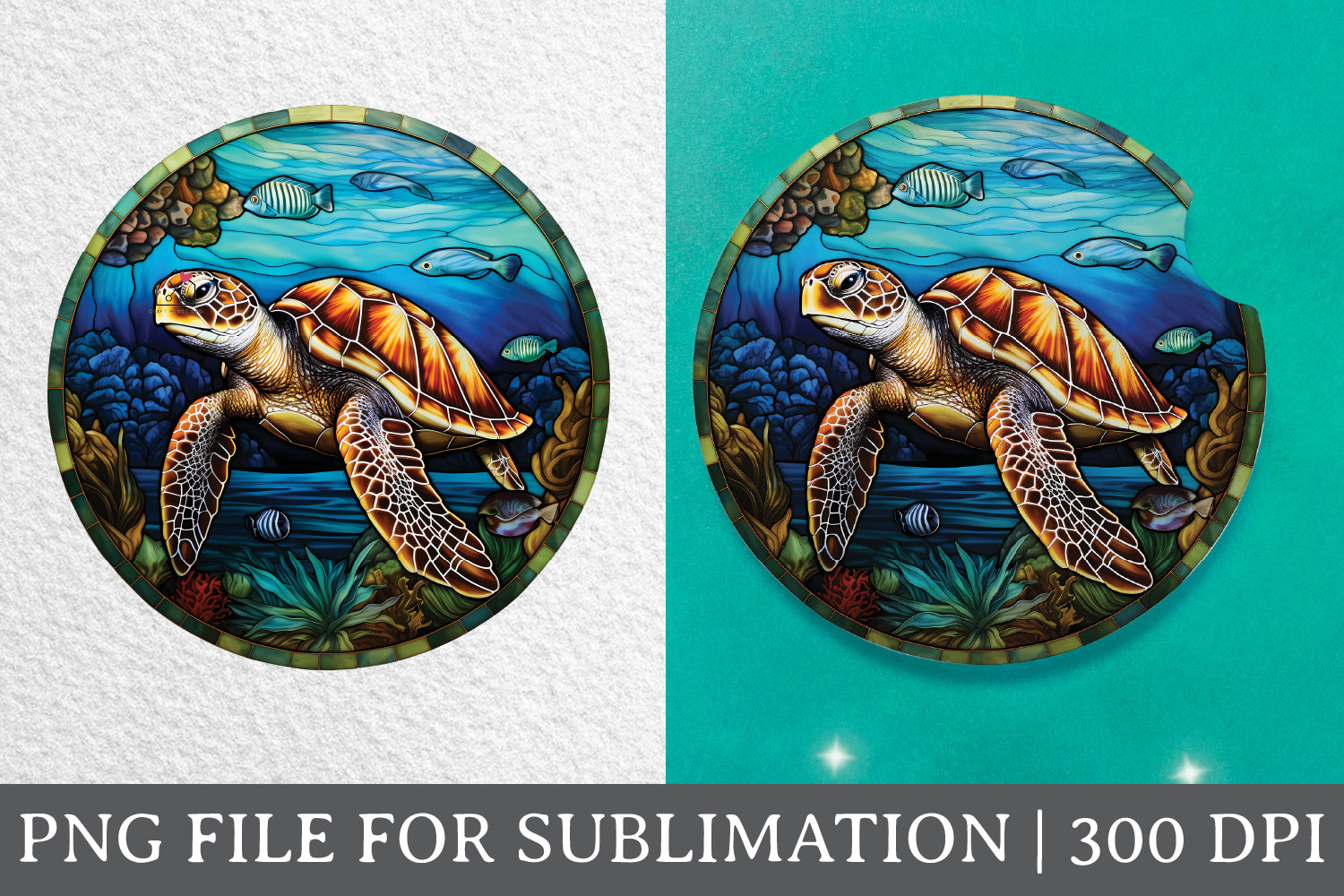 Sea Turtle Stained Glass Sublimation Coaster Design PNG