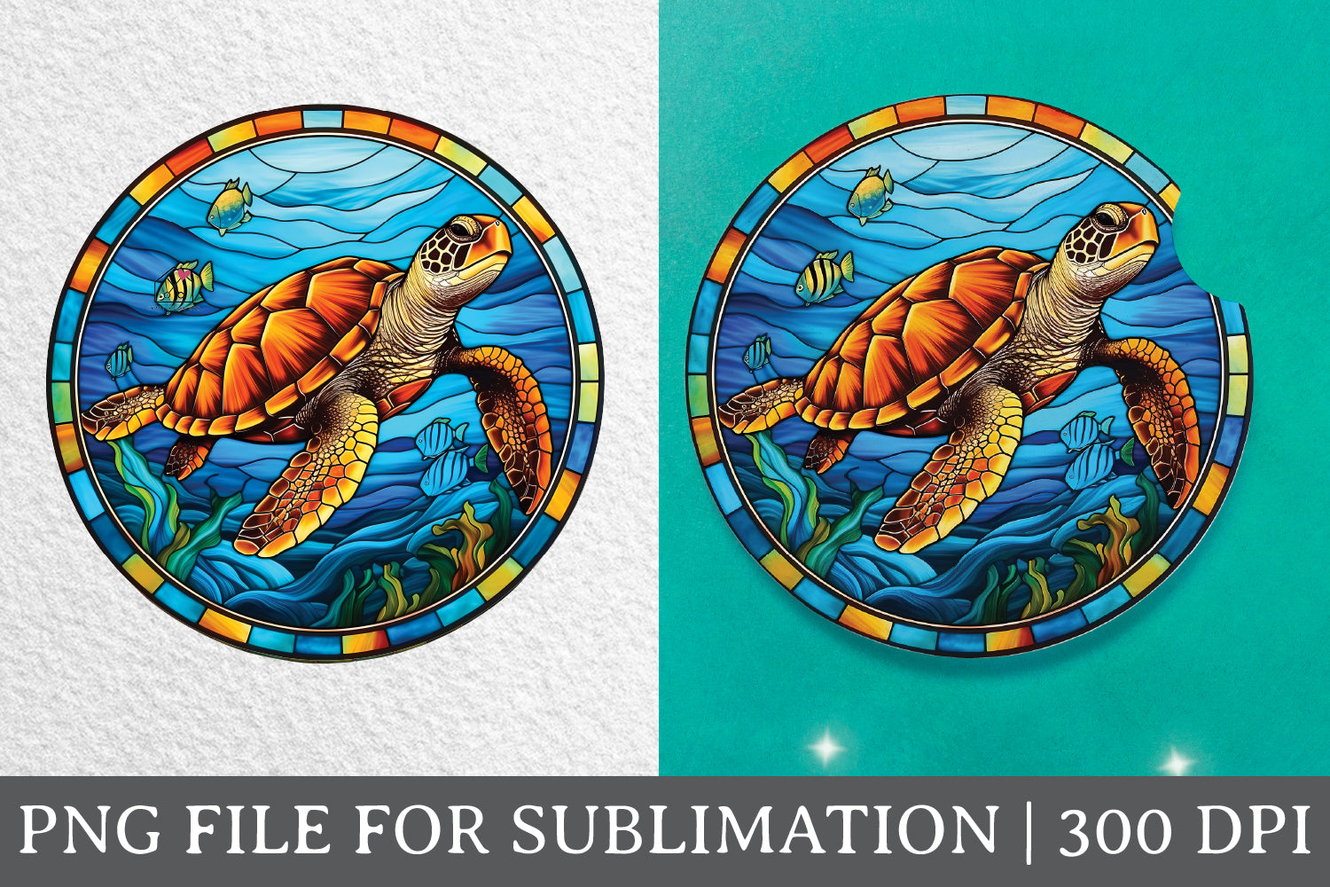 Sea Turtle Stained Glass Sublimation Coaster Design PNG