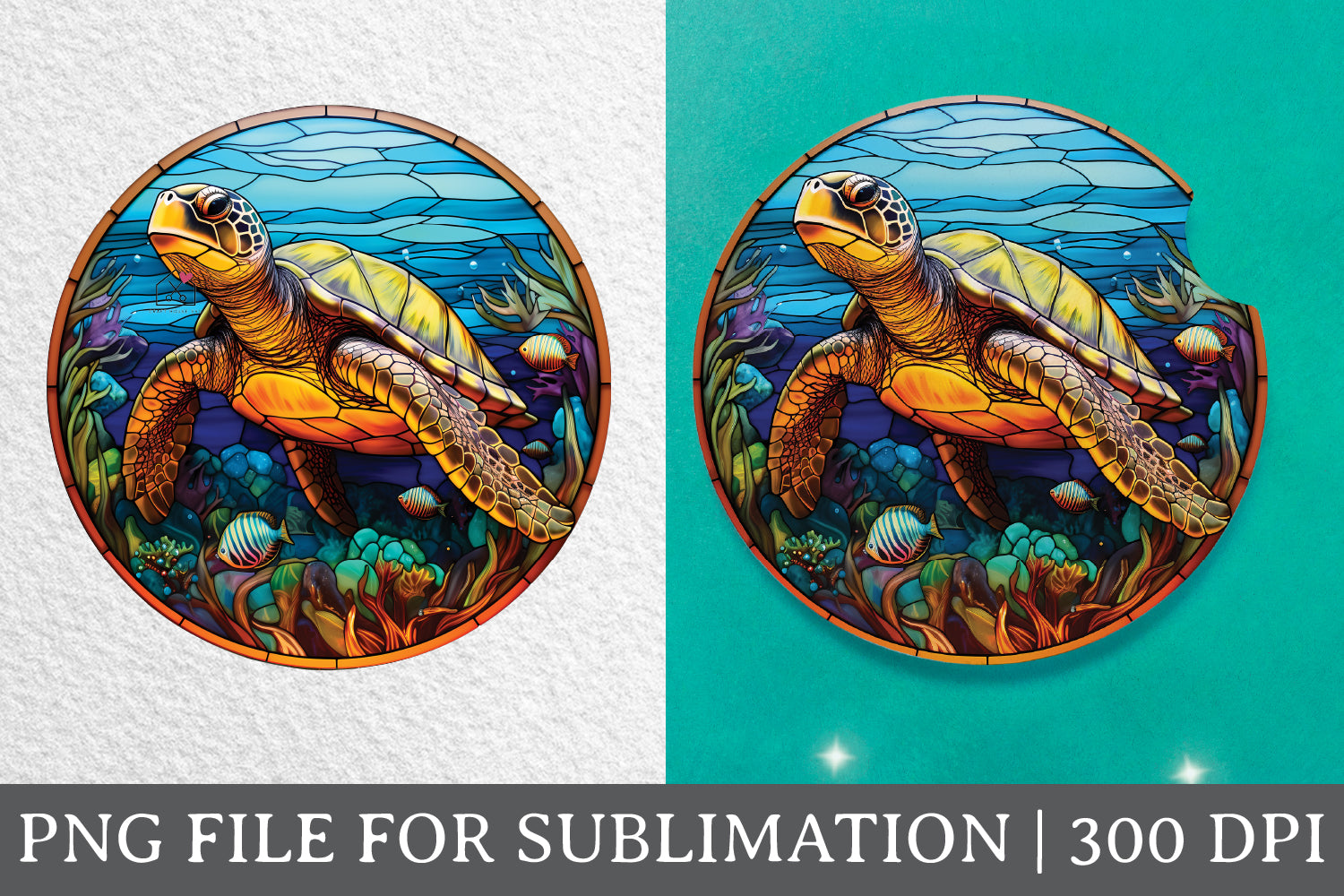 Sea Turtle Stained Glass Sublimation Coaster Design PNG