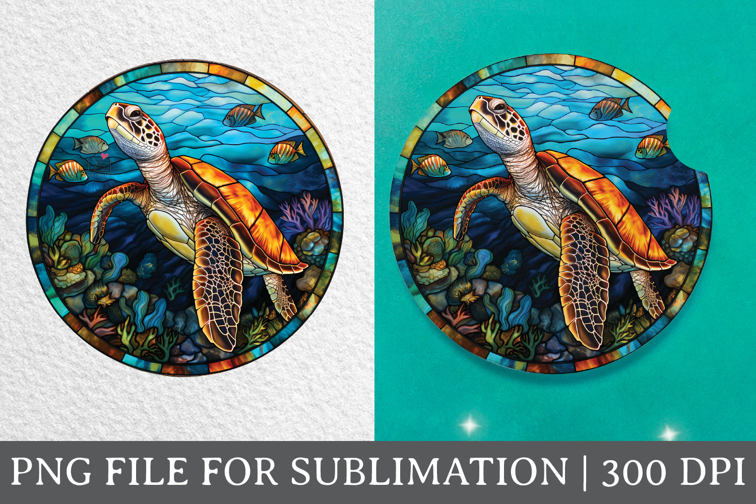 Sea Turtle Stained Glass Sublimation Coaster Design PNG