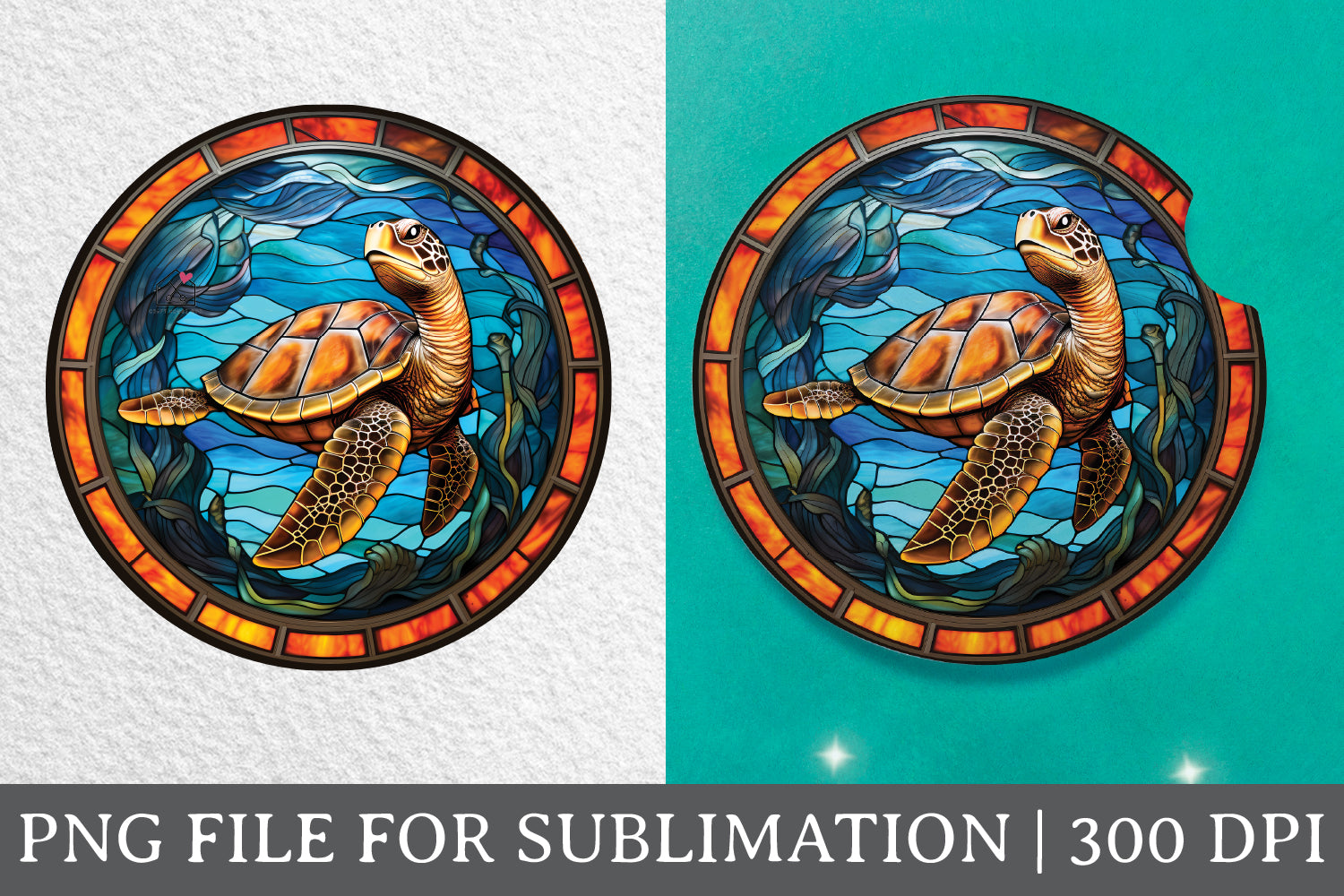 Sea Turtle Stained Glass Sublimation Coaster Design PNG