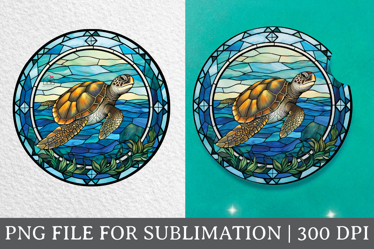 Sea Turtle Stained Glass Sublimation Coaster Design PNG